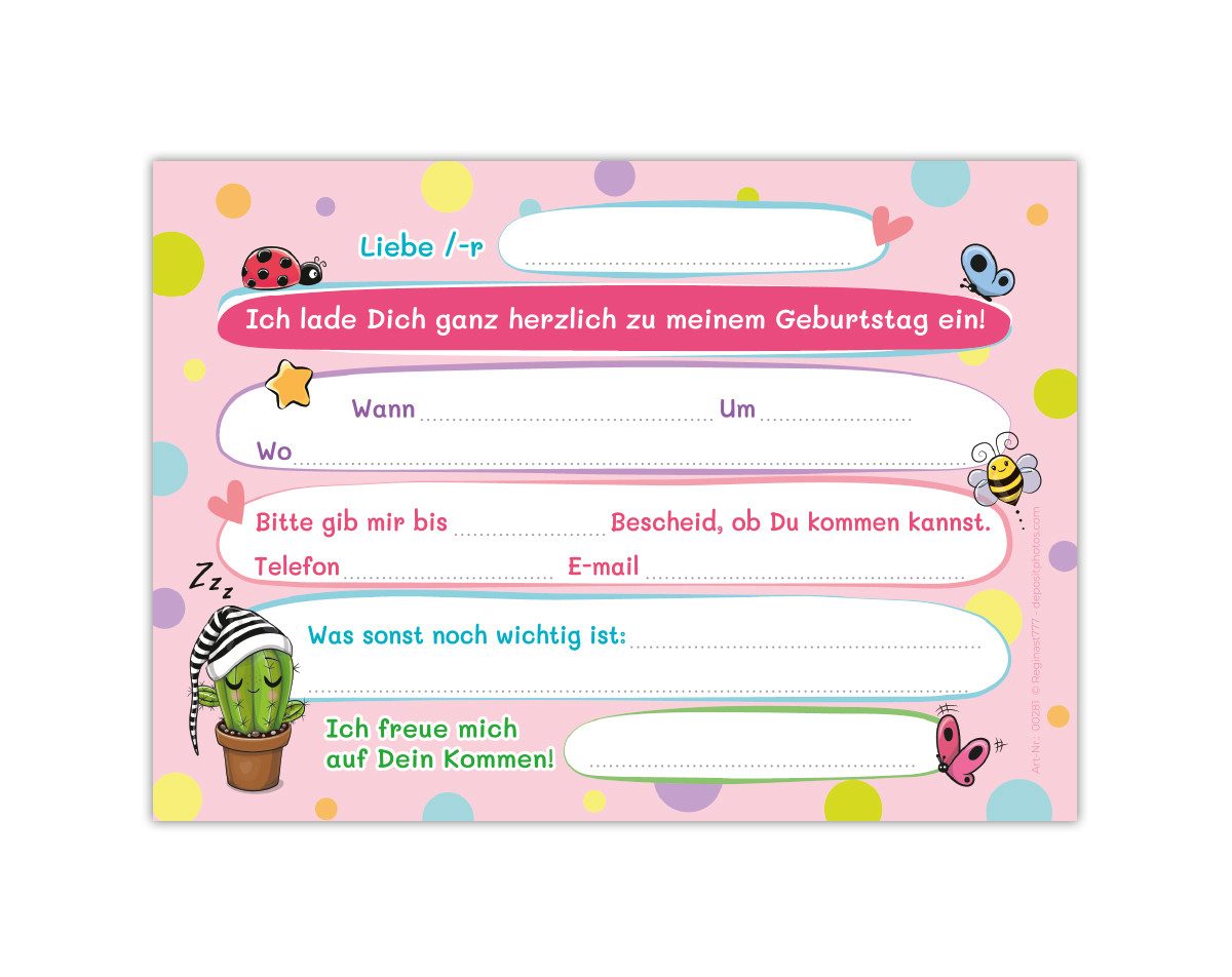 JUNAPACK Einladungskarten Kaktus Einladungen zum 7. Kindergeburtstag Blumen Karten Mädchen, Einladungskarten mit einem Kaktus Motiv für Kinder