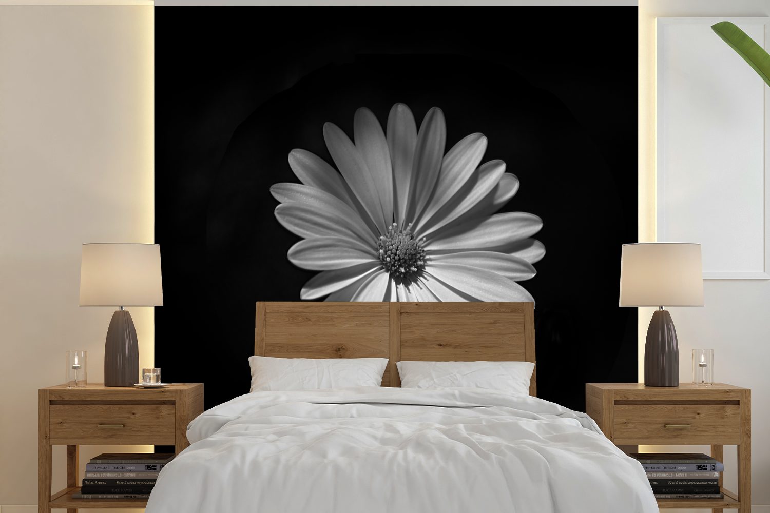 MuchoWow Fototapete Ein weißes Gänseblümchen auf schwarzem Hintergrund, Matt, bedruckt, (5 St), Vinyl Tapete für Wohnzimmer oder Schlafzimmer, Wandtapete