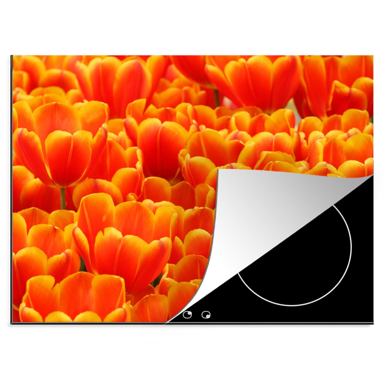 MuchoWow Herdblende-/Abdeckplatte orangefarbenen Arbeitsfläche 70x52 cm, Ein Tulpenfeld Mobile Tulpen, mit (1 Vinyl, Ceranfeldabdeckung nutzbar, tlg)