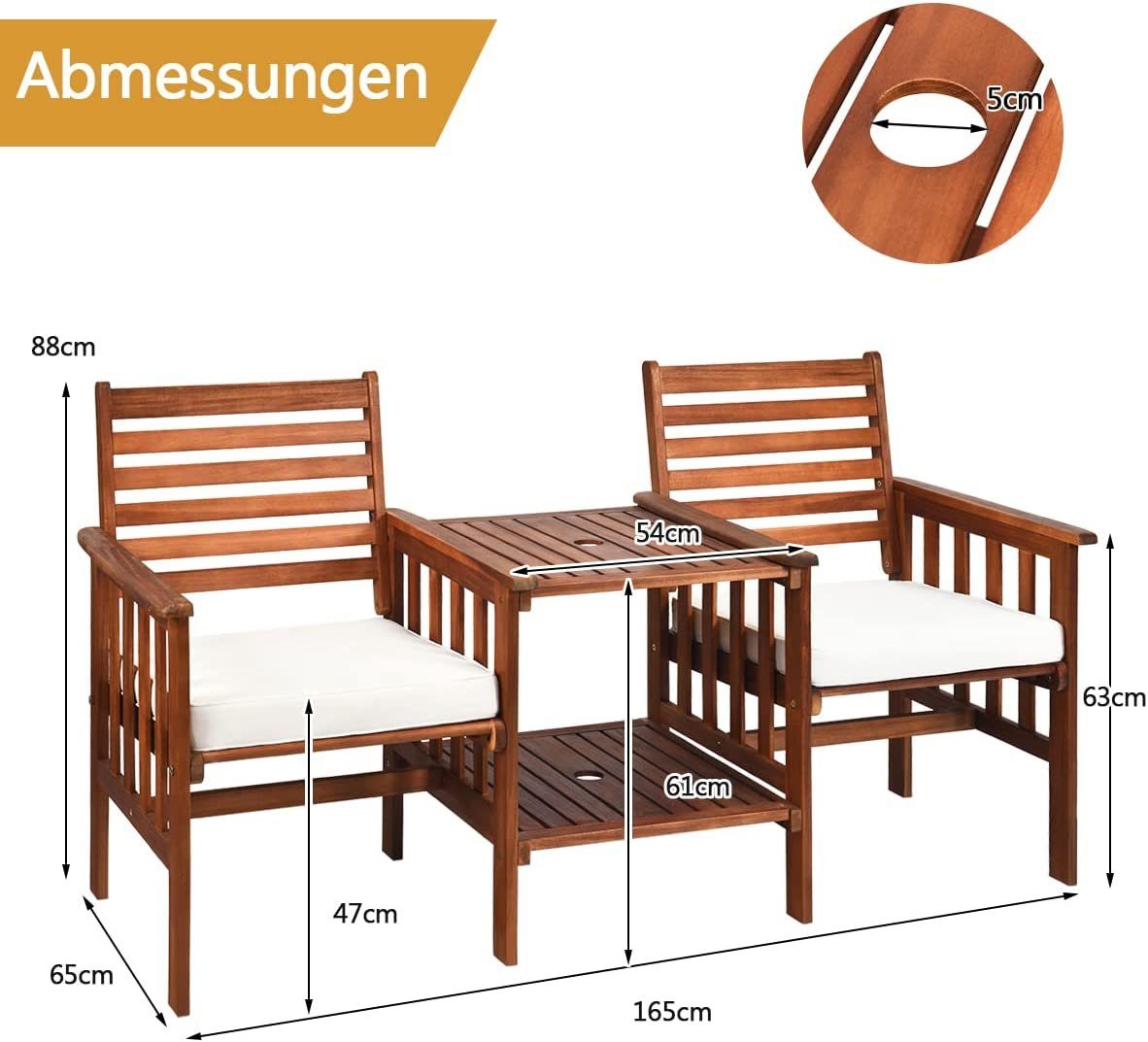 KOMFOTTEU Gartenbank Sitzgarnitur, 2-Sitzer, mit Schirmloch & Sitzkissen