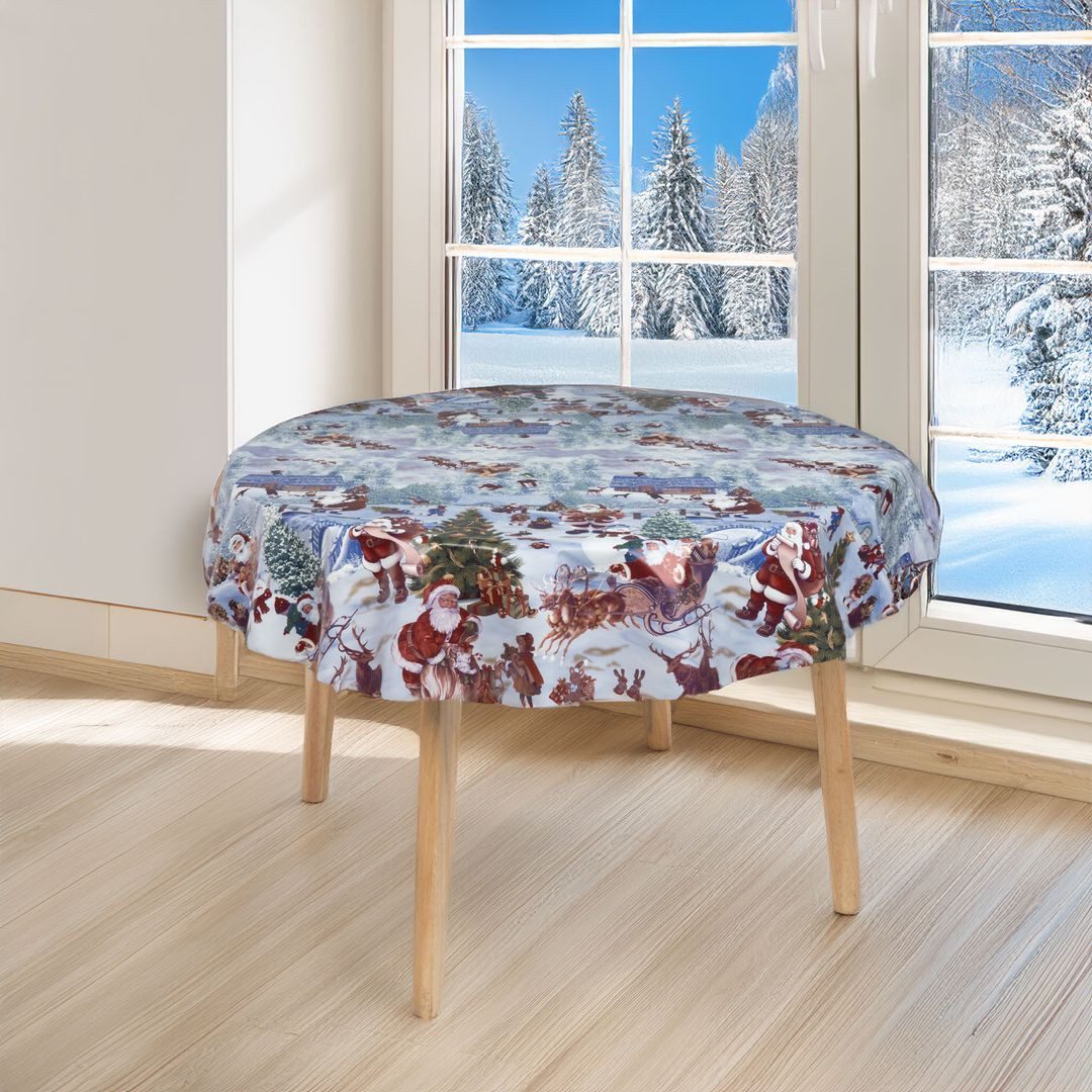 laro Tischdecke 140cm rund Tischdecke Garten Weihnachtsmann Schlitten Weiß günstig online kaufen