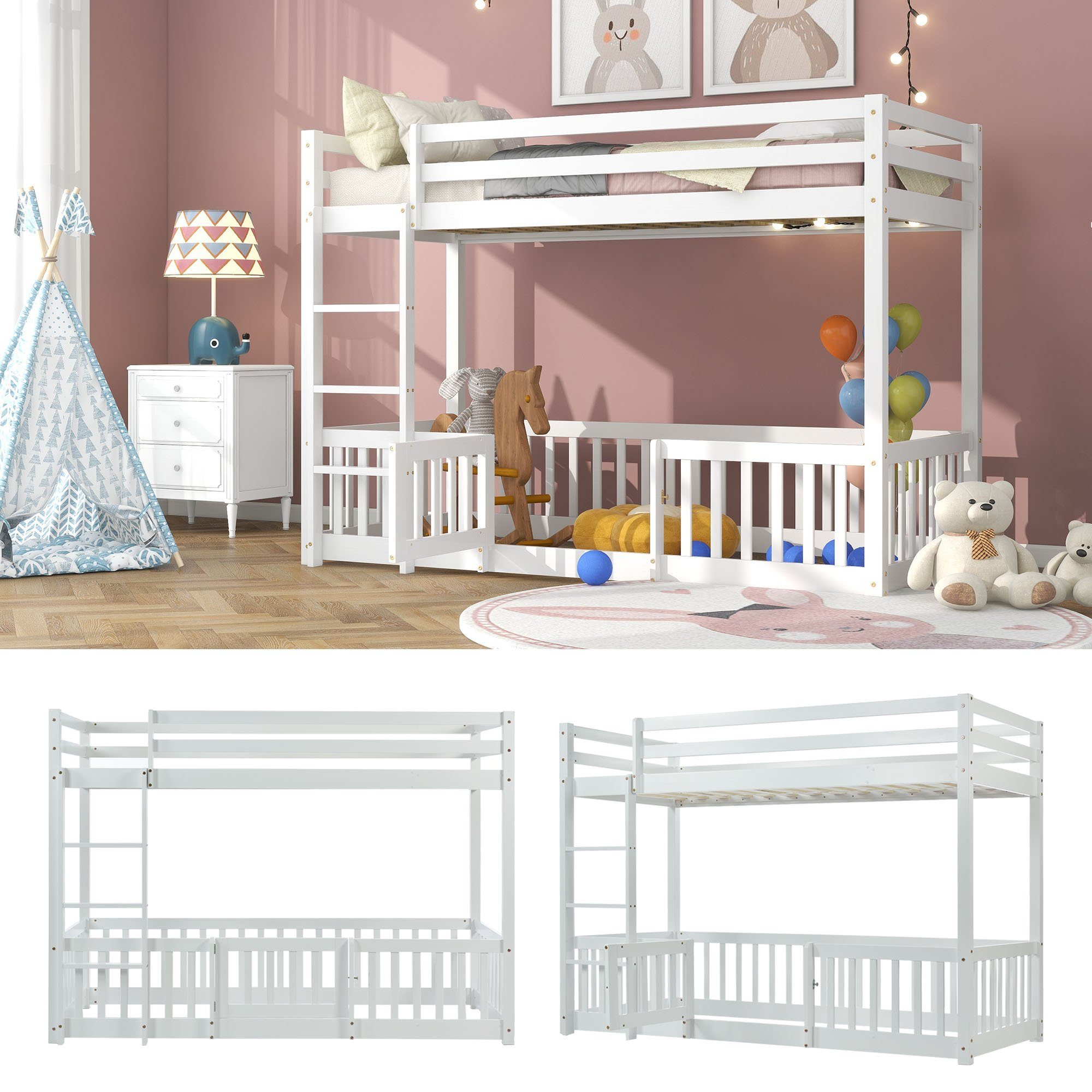 REDOM Kinderbett Türchen (200x90cm) rechtwinkliger mit mit und (Kinderbett Zäune Etagenbett mit Gitter, Fallschutz Weiß Treppe, und Bett