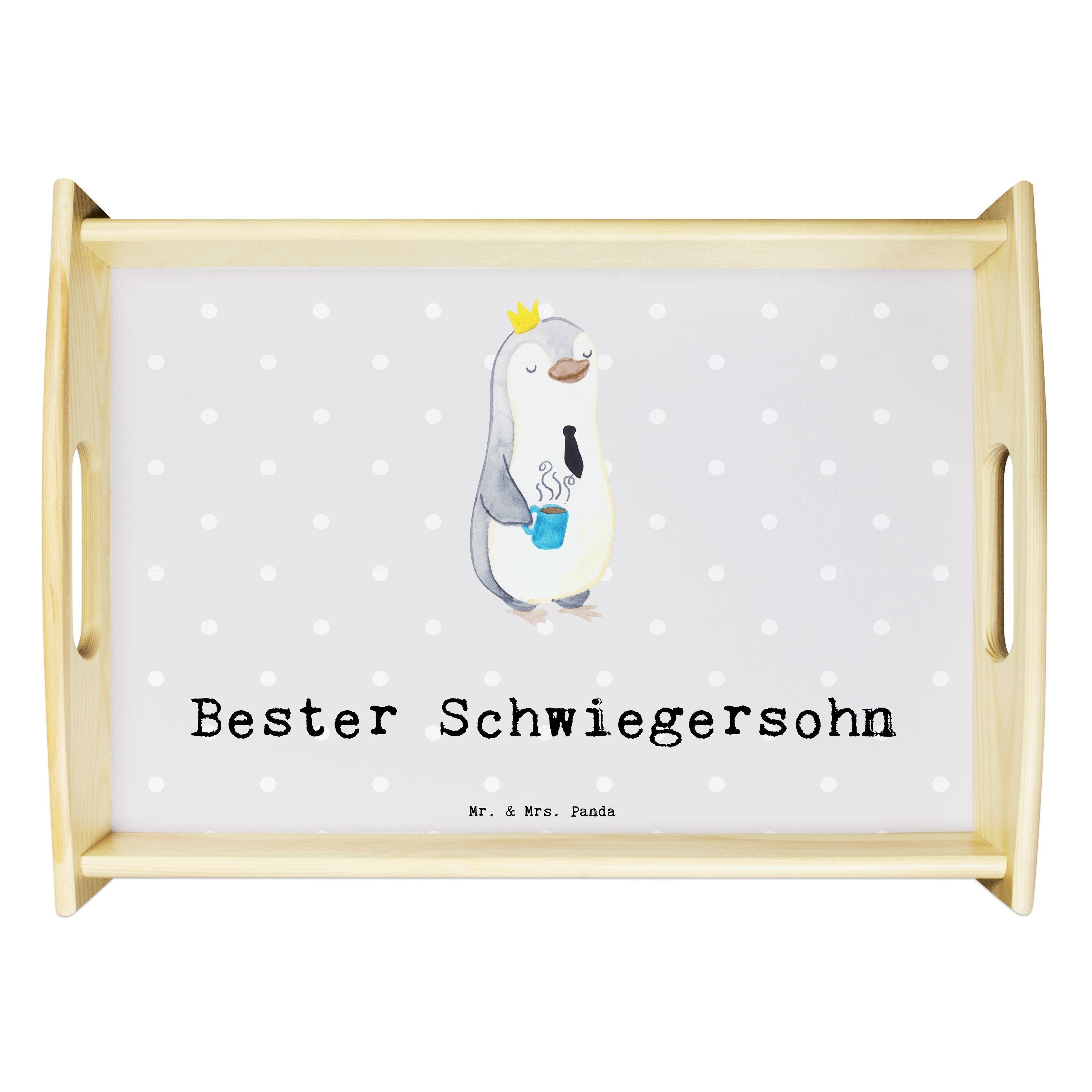 Mr. & Mrs. Panda Tablett Pinguin Bester Schwiegersohn - Grau Pastell - Geschenk, Dekotablett, Echtholz lasiert, (1-tlg)