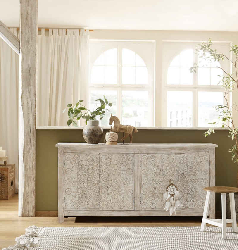 Home affaire Sideboard »Fenris«, aus massiven, pflegeleichten Mangoholz, mit dekorativen Schnitzereien, Breite 175 cm
