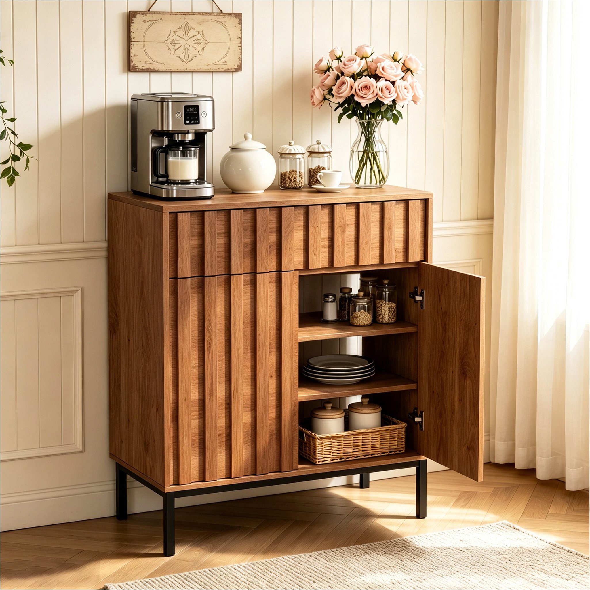 UEV Sideboard mit Schublade & 2Türen, Küchenschrank Kaffeebar Schrank 70x37x88,5cm (Schrank mit Kippschutz), Moderner & griffloser Aufbewahrungsschrank Kommode für Flur Wohnzimmer