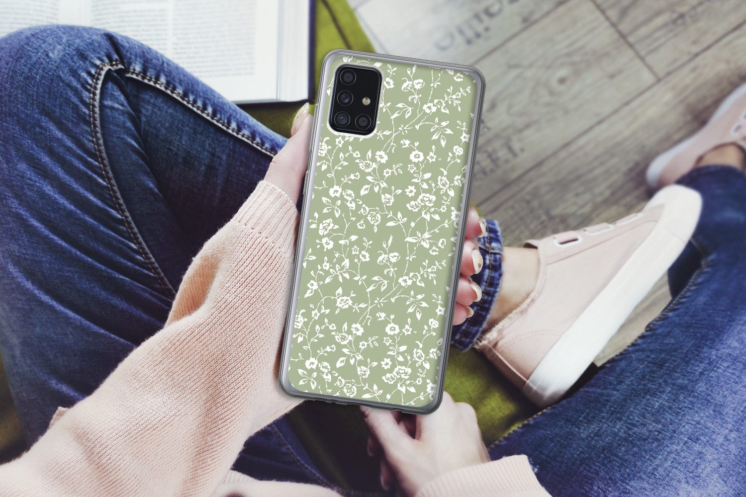 MuchoWow Handyhülle für Samsung Galaxy A52 5G Blumen - Druck - Grün - Weiß, Smartphone-Bumper, Print, Handy Schutzhülle Dünn