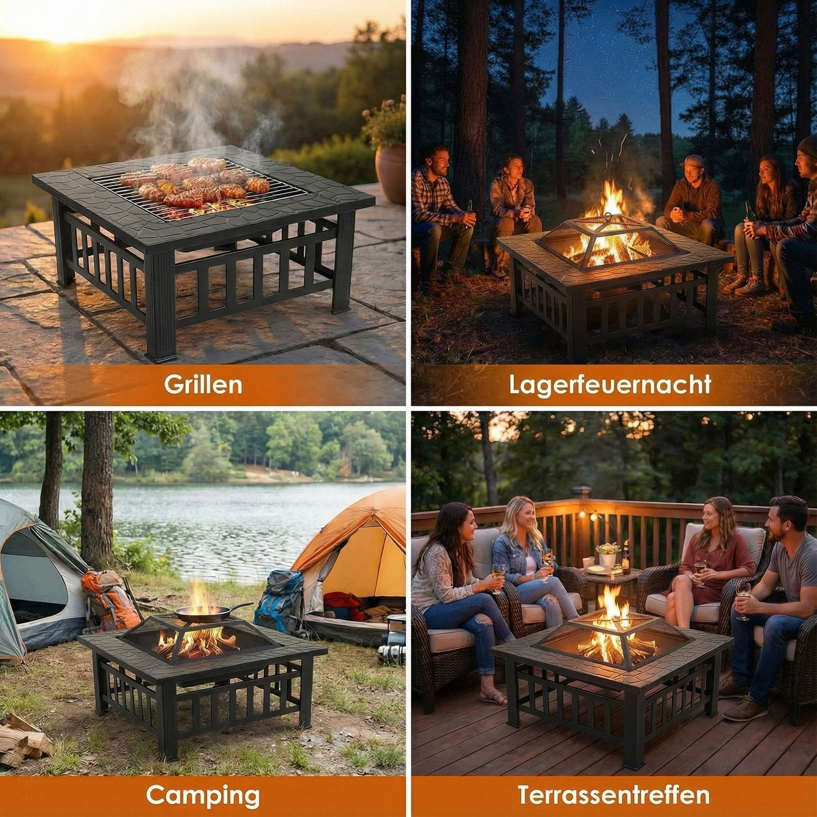 TLGREEN Feuerschale 3 in 1 - Gartenfeuerstelle mit Grill & Funkenschutz, (81x81x45cm Robuste Eisenfeuerschale, für Terrasse/Winter/Party), Feuerschalen für den Garten, mit Grillrost & Wasserfeste Abdeckung