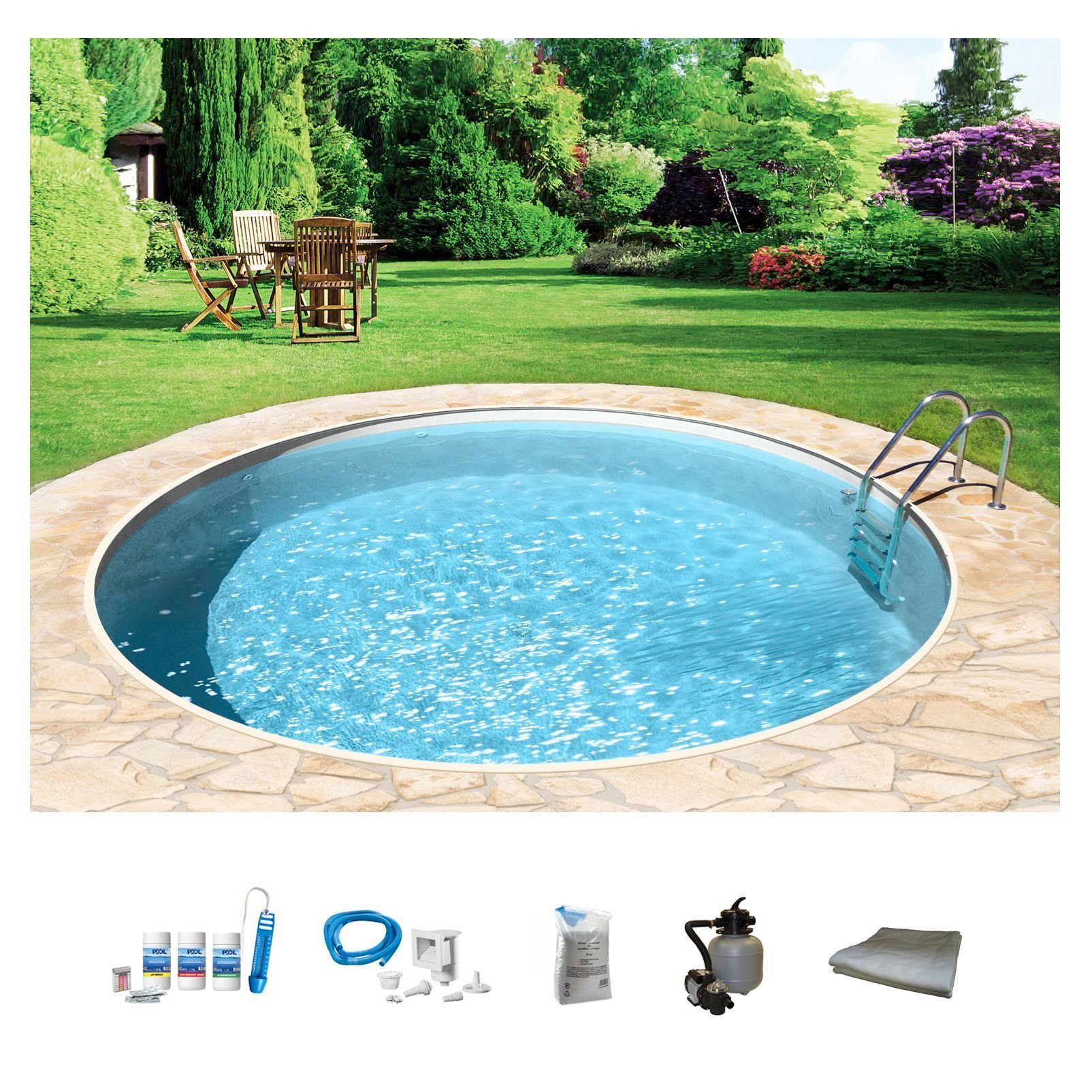 my POOL BWT Rundpool mit sandfarbener Folie für den Karibik Look (Komplett-Set, 6-tlg), Höhe: 120 cm, inkl. Zubehör, in versch. Größen verfügbar