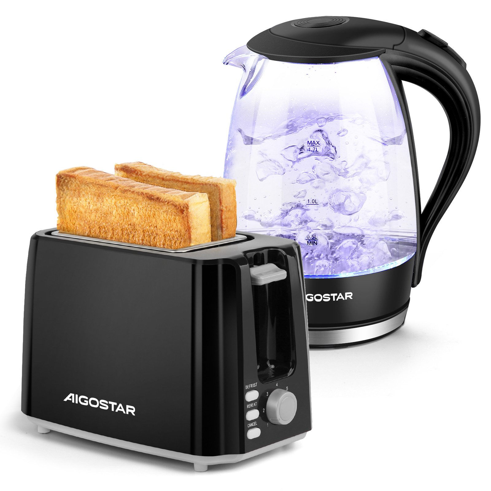 Aigostar Frühstücks-Set (2-tlg), Wasserkocher 1,7L / 2-Scheiben Langschlitz Toaster, Schwarz