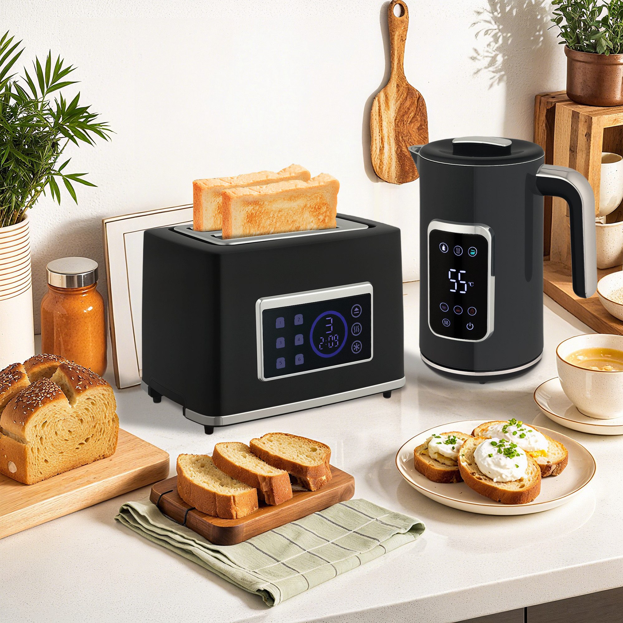 HOMCOM Toaster Wasserkocher 1,7L Edelstahl 2 Scheiben mit 6 Bräunungsstufen, Kocher-Toaster-Set, für Frühstückszubereitung, 2200 W, LED-Touchscreen, Schwarz