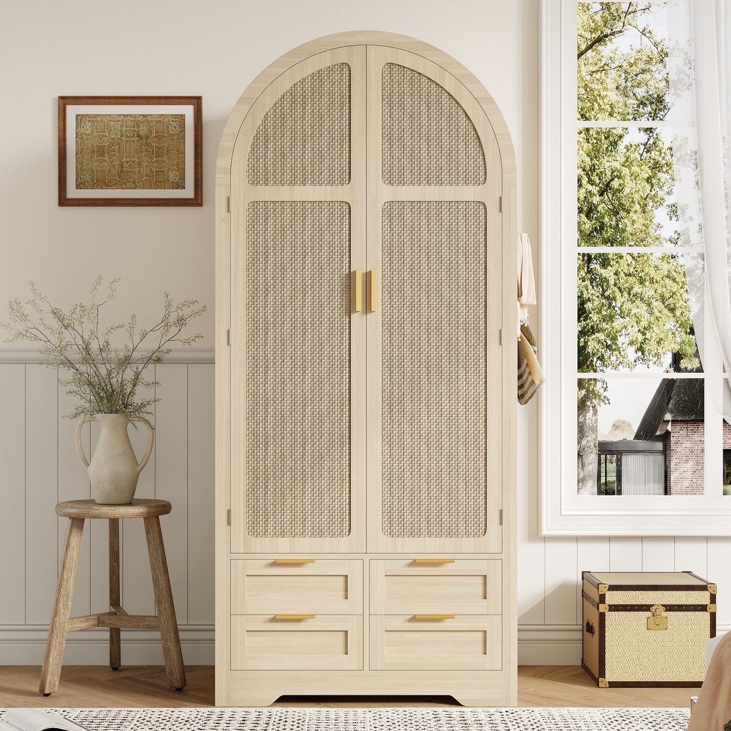 ANYSUN Drehtürenschrank Kleiderschrank Rattan-Optik, 2-türig, 4 Schubladen & Kleiderstange Schmaler Schlafzimmerschrank mit Stauraum für kleine Räume