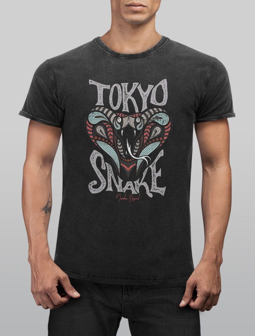 Fit Tokyo Shirt Kobra Print Aufdruck Vintage Printshirt Vintage Neverless® Aufdruck Slim T-Shirt Snake Look Schriftzug Print Neverless Print-Shirt Used mit Herren Japan