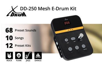 XDrum E-Drum DD-250 E-Drum Kit mit 4 Mesh Heads Pads - 3 Becken - Fußcontroller, 10-St., 12 Presetkits mit 68 Sounds & 10 Playalong Songs