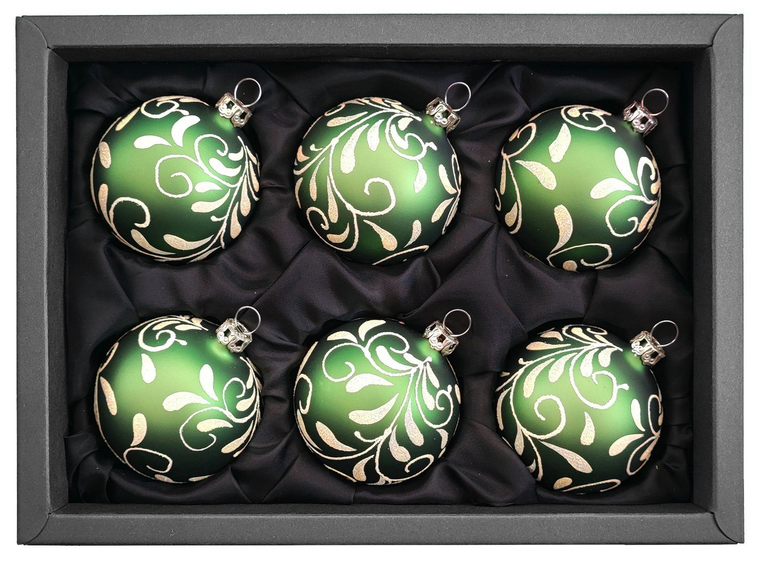 GlasWunder Christbaumschmuck Weihnachtskugeln Set, dekoriert, - und von Blütenranke grün hergestellt Deutschland in mundgeblasen Hand