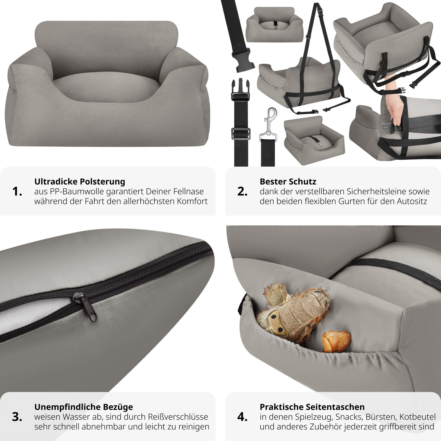 tectake Hunde-Autositz Hundeautositz, mit Sicherheitsleine und 2 Befestigungsgurten, längenverstellbar