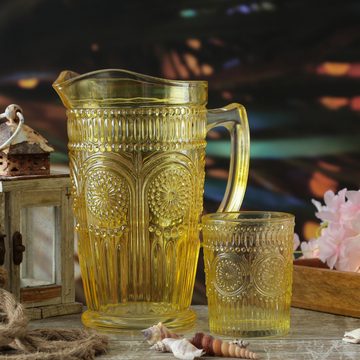 MARELIDA Wasserkrug Glaskrug Vintage Boho Blumenmuster Karaffe Tee Saft Kanne 1,4l gelb