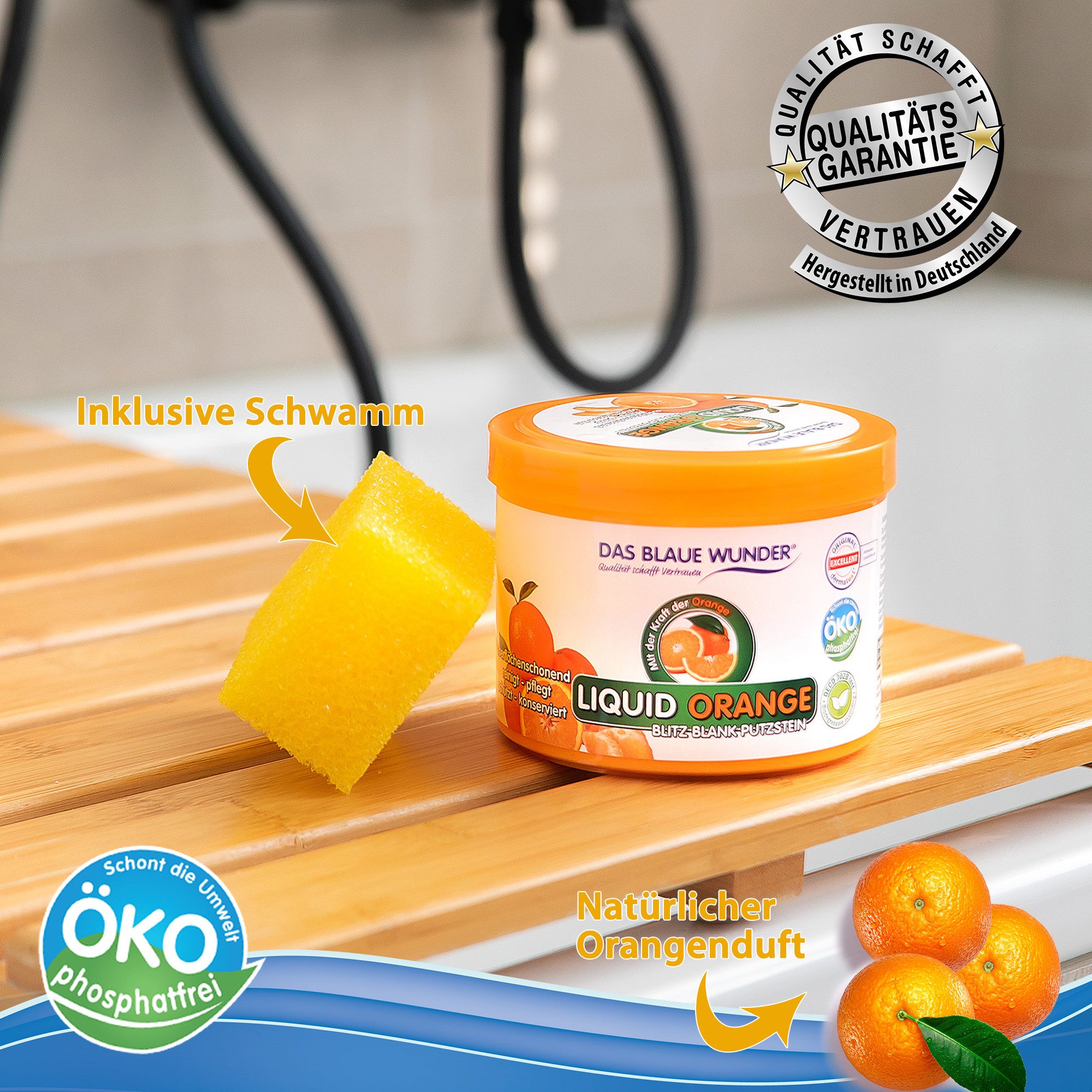 Das Blaue Wunder® Liquid Orange Blitz Blank Putzstein (500 g inkl. Schwamm, [- Reinigungsstein für Haushalt, Garten und Auto, säure- und phosphatfrei)