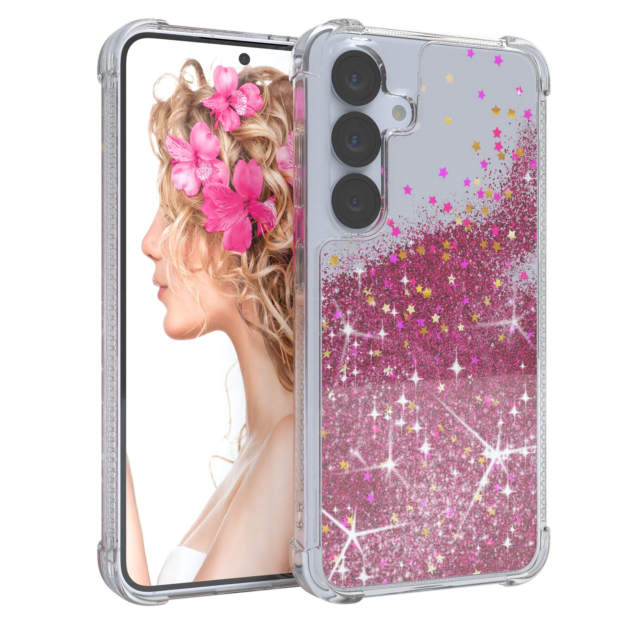 EAZY CASE Handyhülle Liquid Glittery Case für Samsung Galaxy S25 6,2 Zoll, Glitzerhülle Shiny Slimcover stoßfest Durchsichtig Bumper Case Pink