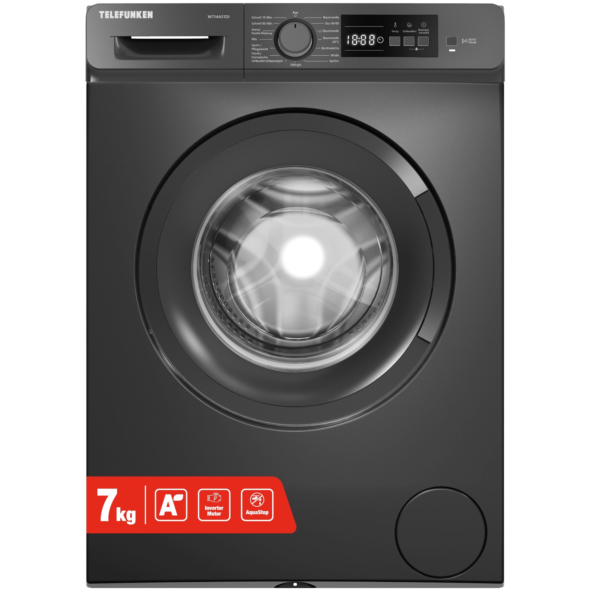 Telefunken Waschmaschine W714AS1DI, 7 kg, 1400 U/min, Frontlader, Inverter Motor, AquaStop, 7kg, leise, effizient, dark inox