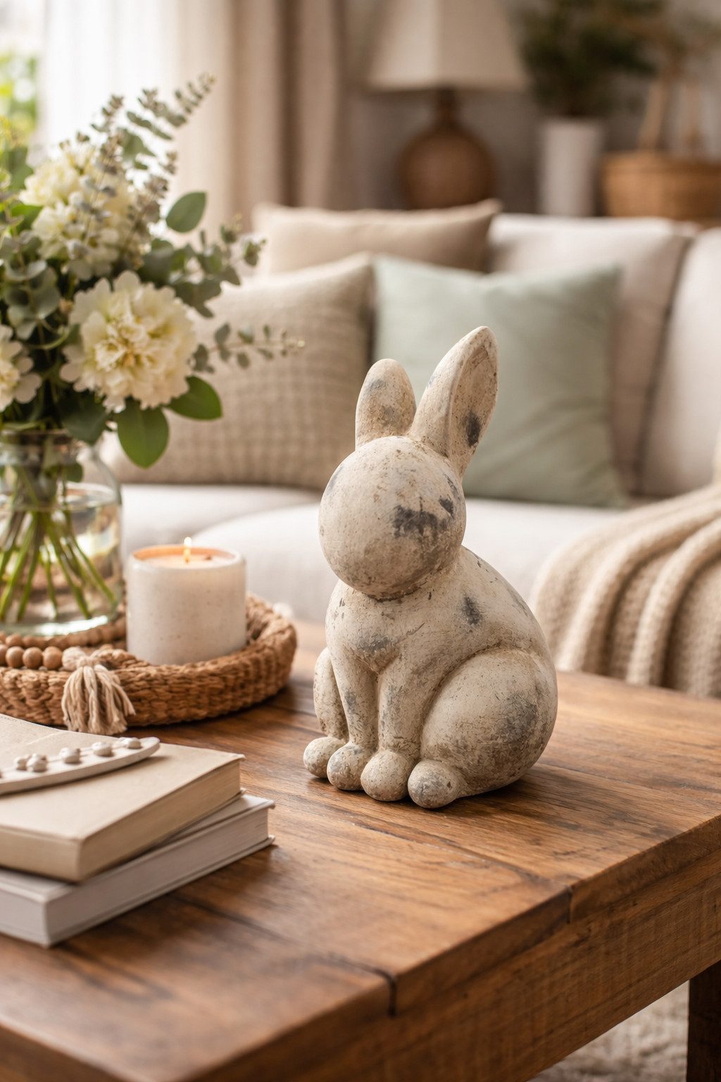 finehomegarden Osterhase Hase VALO Osterfigur aus Zement creme Vintage-Deko 12,5×12,5cm H20cm (1 St), Stilvolle Oster- und Frühlingsdekoration für Innenbereich