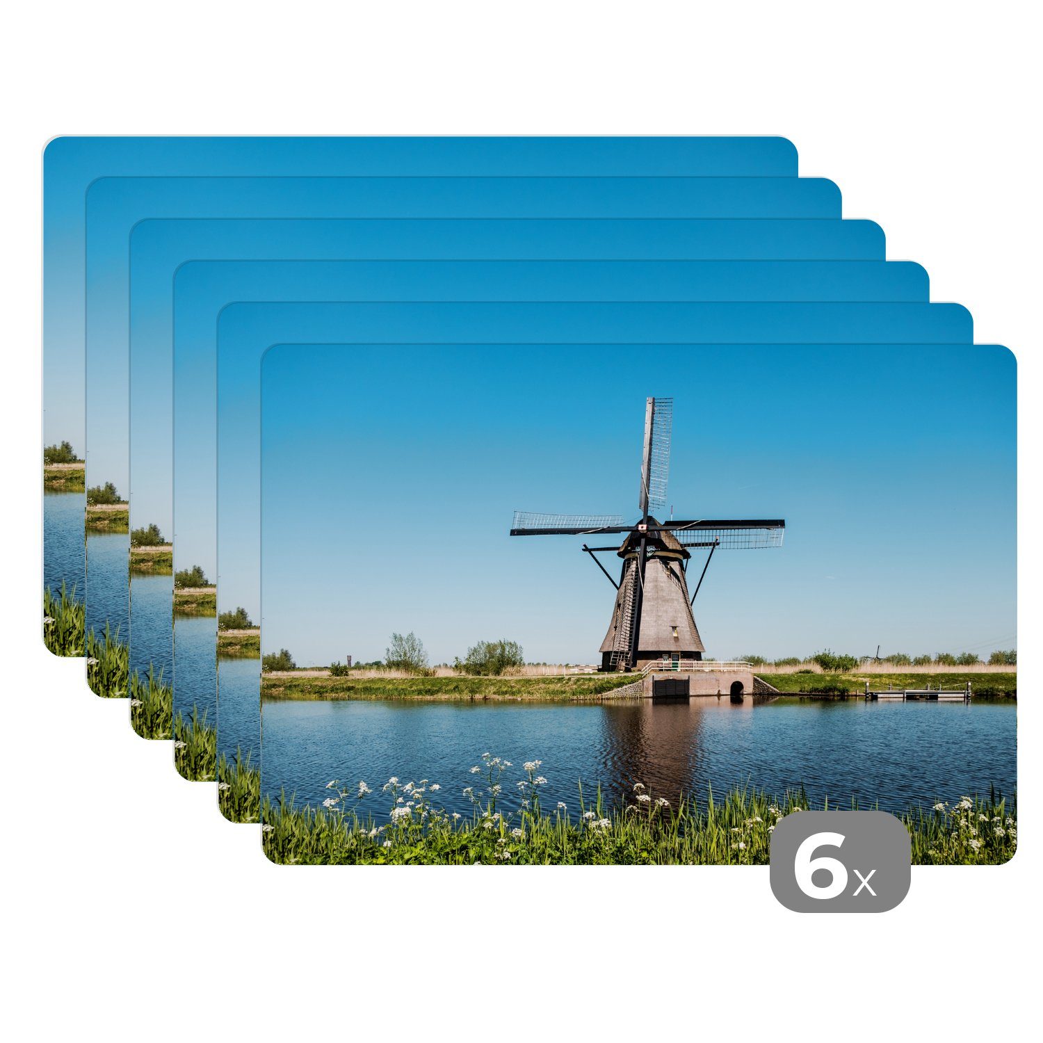 Platzset, Mühle - Blumen - Wasser - Niederlande, MuchoWow, (6-St), Platzset, Platzdecken, Platzmatte, Tischmatten, Schmutzabweisend