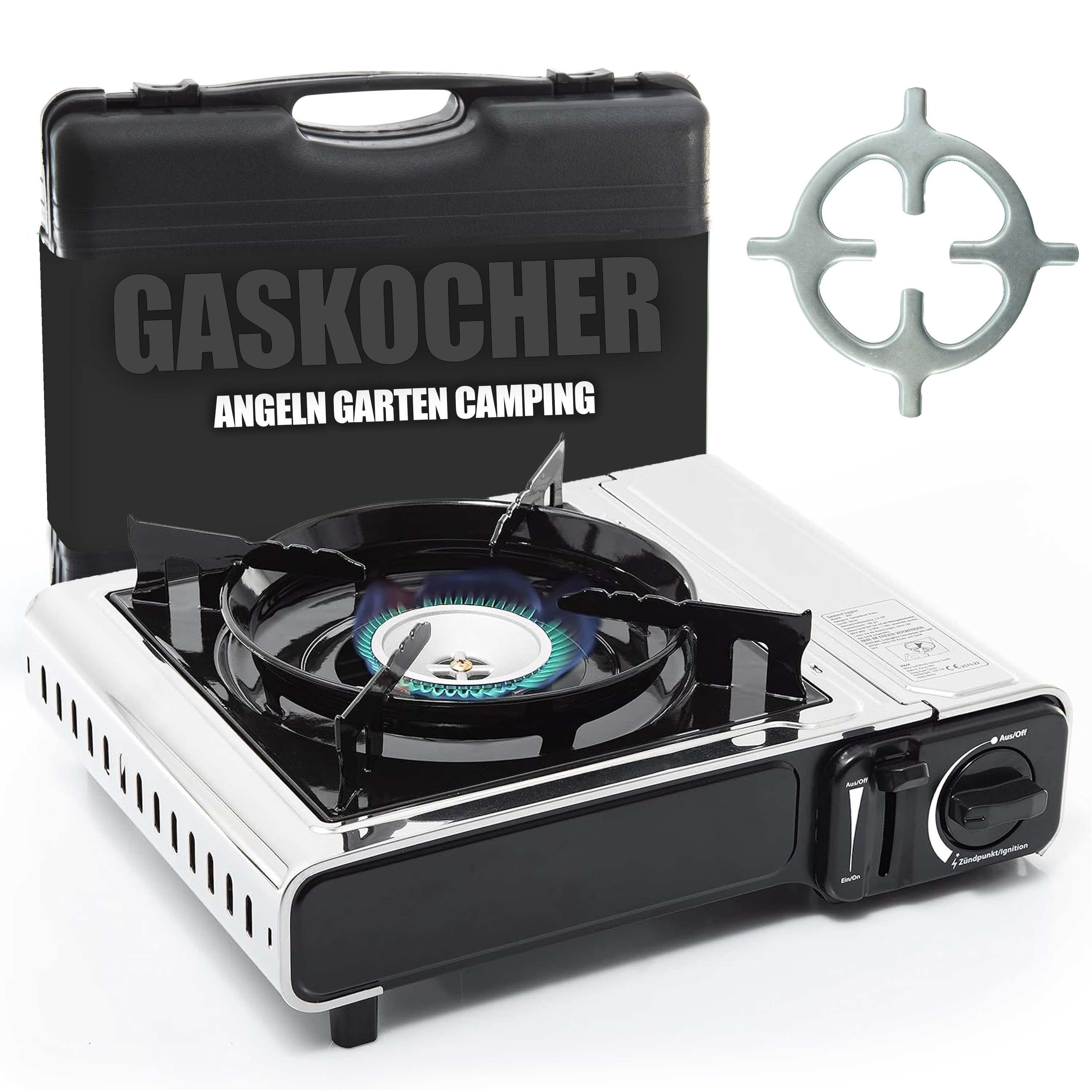 TruWare Gaskocher Campingkocher Edelstahl für Kartuschen –, (1-flammiger Kartuschenkocher für Camping, Outdoor, Blackout, 2,3 kW Gaskocher mit Piezozündung, Windschutz, Herdkreuz)
