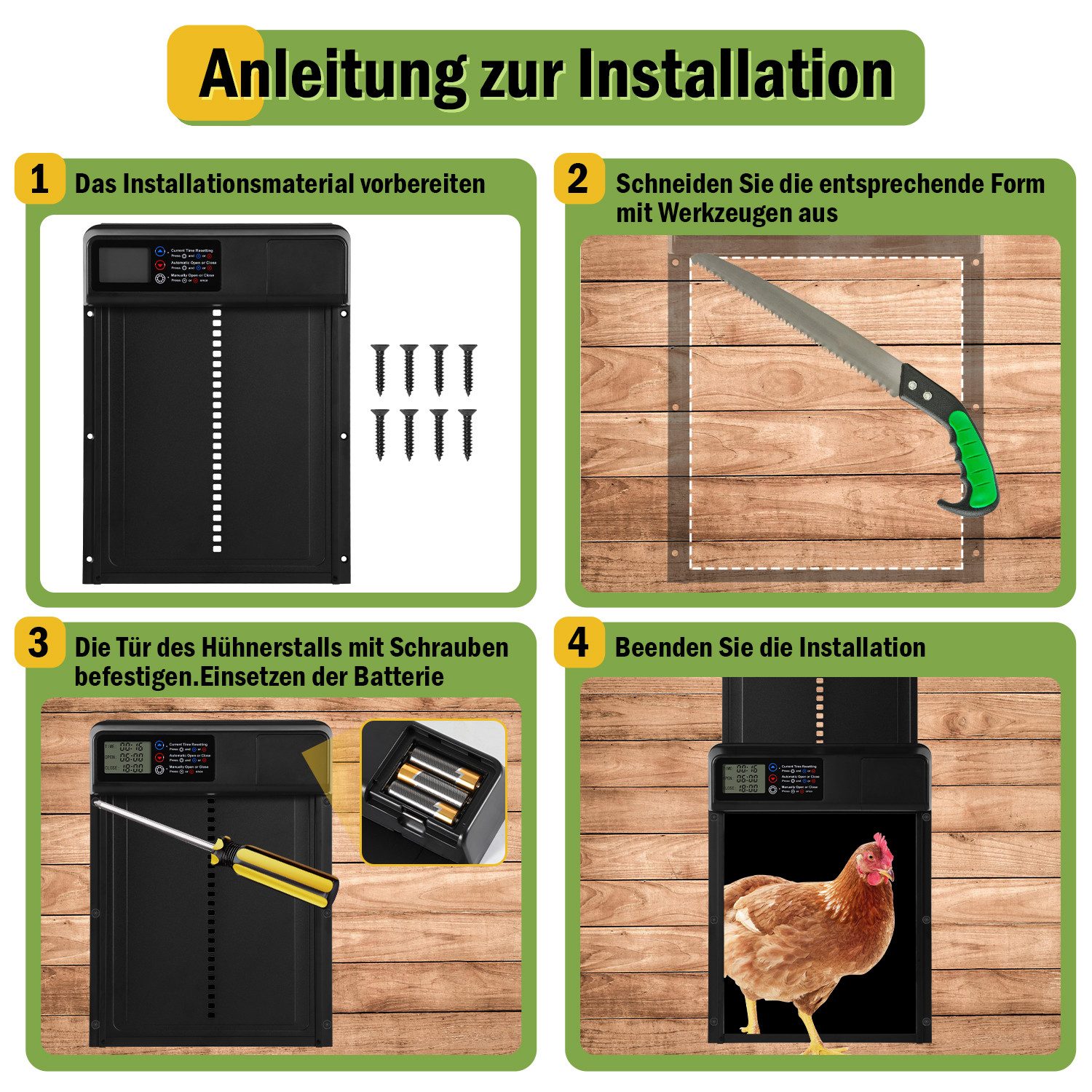 Clanmacy Hühnerstall Aluminum Automatische Hühnerklappe mit Wasserdicht, Timer, IPX4, Timer-Steuerung, Einklemmschutz