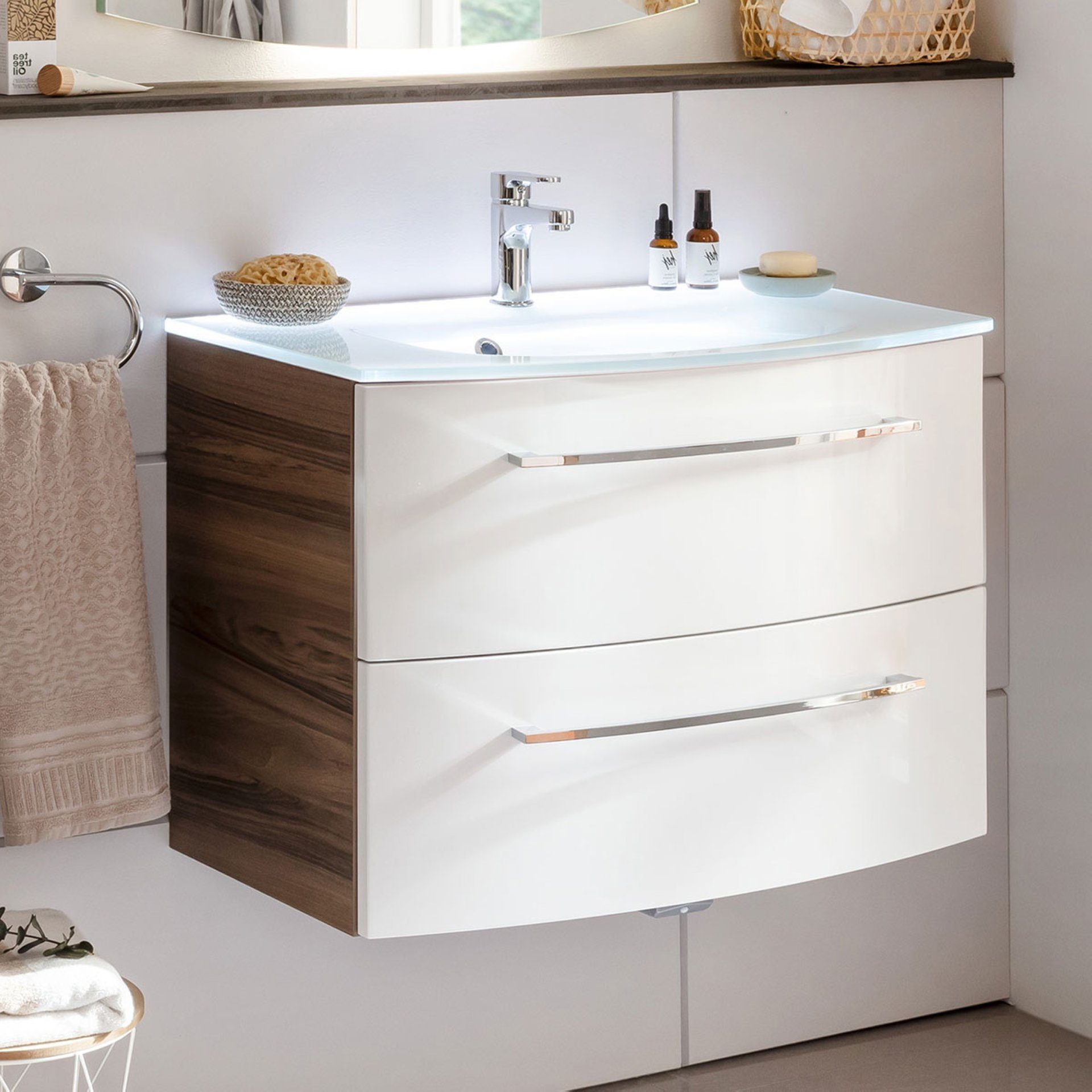 FACKELMANN Badmöbel-Set VERONA Badmöbel Set 2-teilig 80 cm breit, Braun/Weiß Hochglanz, Glas