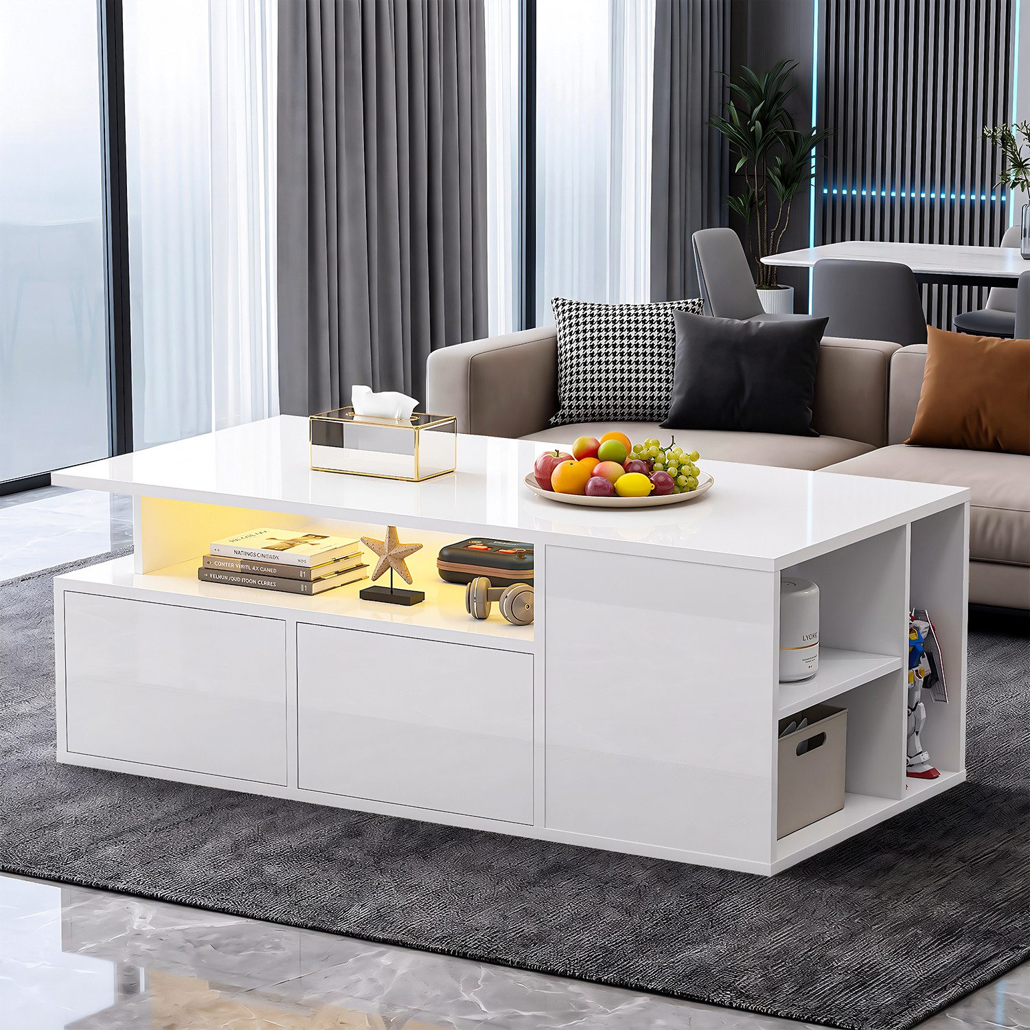 oyajia Couchtisch Wohnzimmertisch Hochglanz mit LED Beleuchtung & Fernsteuerung APP (Bluetooth-Fernbedienung.App-Steuerung, offenen Fächern,stabil, pflegeleicht, Hochglanz-Design), 100 x 50 x 35cm Beistelltisch,mit 2 Schubladen,Farbwechsel-LEDs