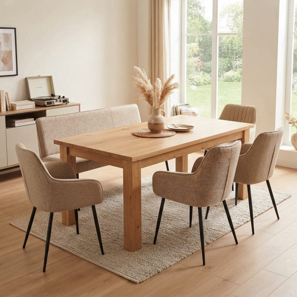 YOZI Essbank Essgruppe mit Sitzbank und 2/4 Stühlen, Dunkelgrau/Beige, Metallbeine (Set, Essbank und Stühle), Frei im Raum stellar