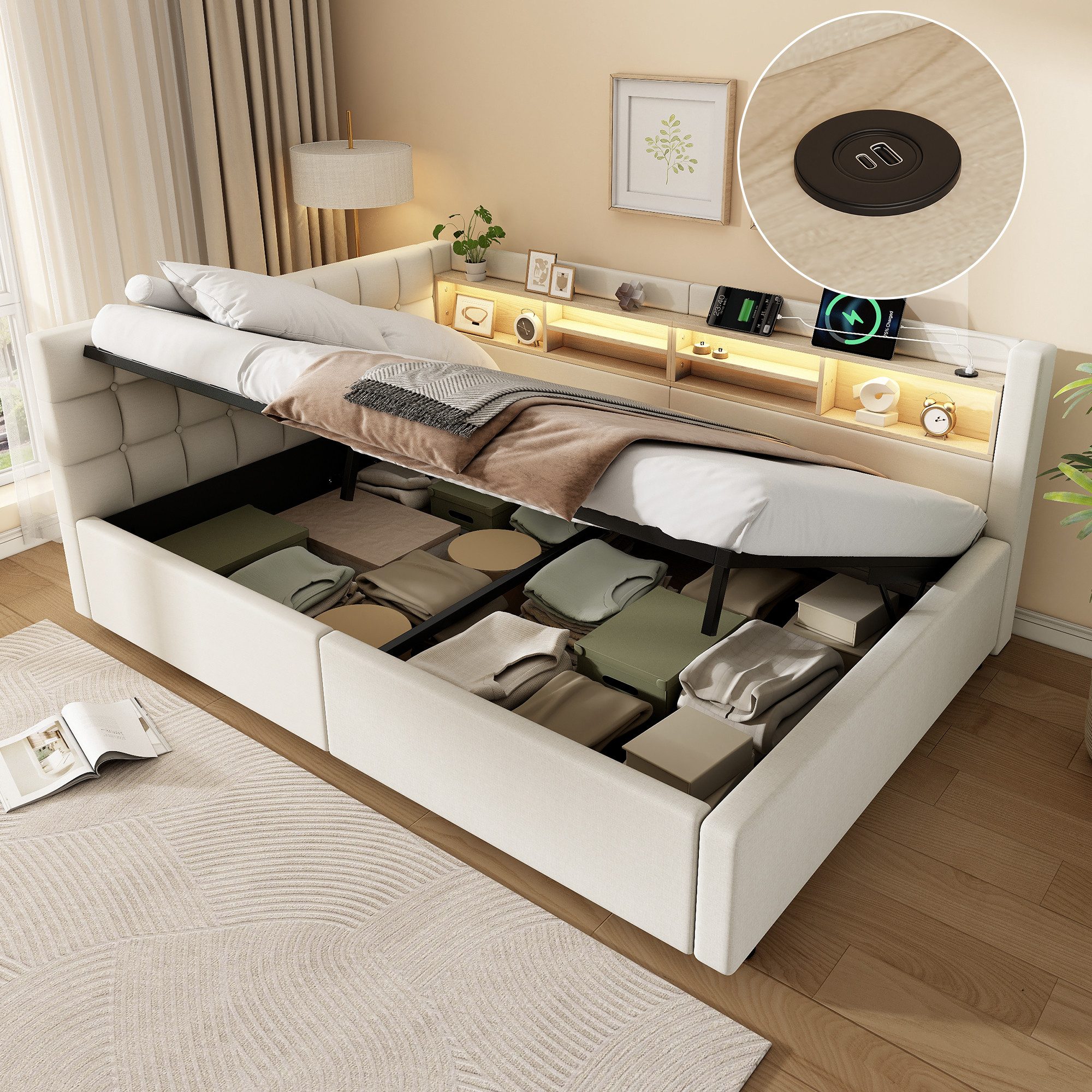 Merax Daybett mit LED-Beleuchtung & USB-Anschluss, Polsterbett mit Leinenbezug (Schlafsofa Jugendbett, 1 tlg), Tagesbett 140x200cm mit hydraulischem Stauraum & Seitenregalen