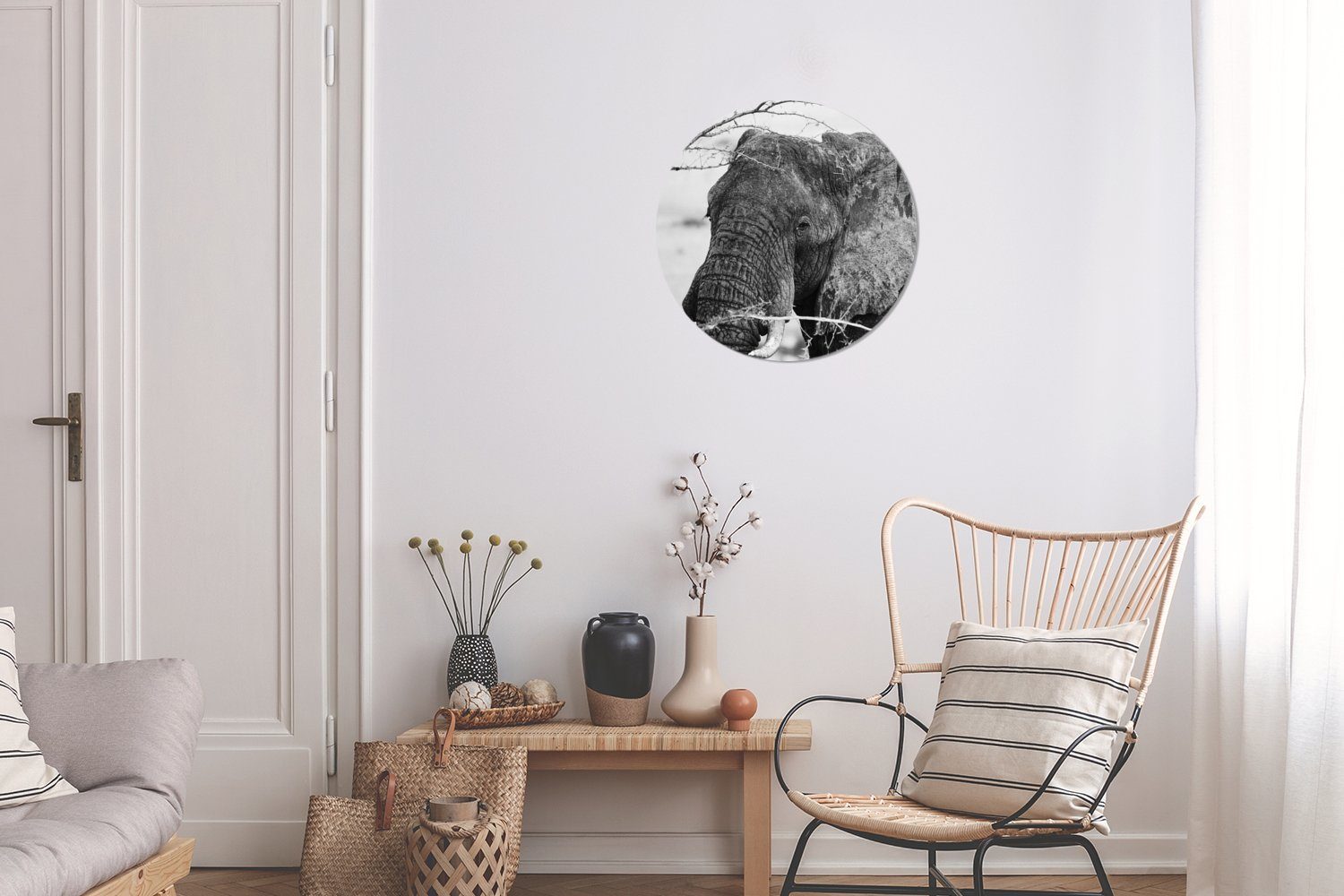 MuchoWow Gemälde Elefant - Natur - - Rundes - cm 30x30 Wohnzimmer, und Forex, (1 Tiere Wandbild, weiß, Schwarz St), Wanddekoration Kreis Äste
