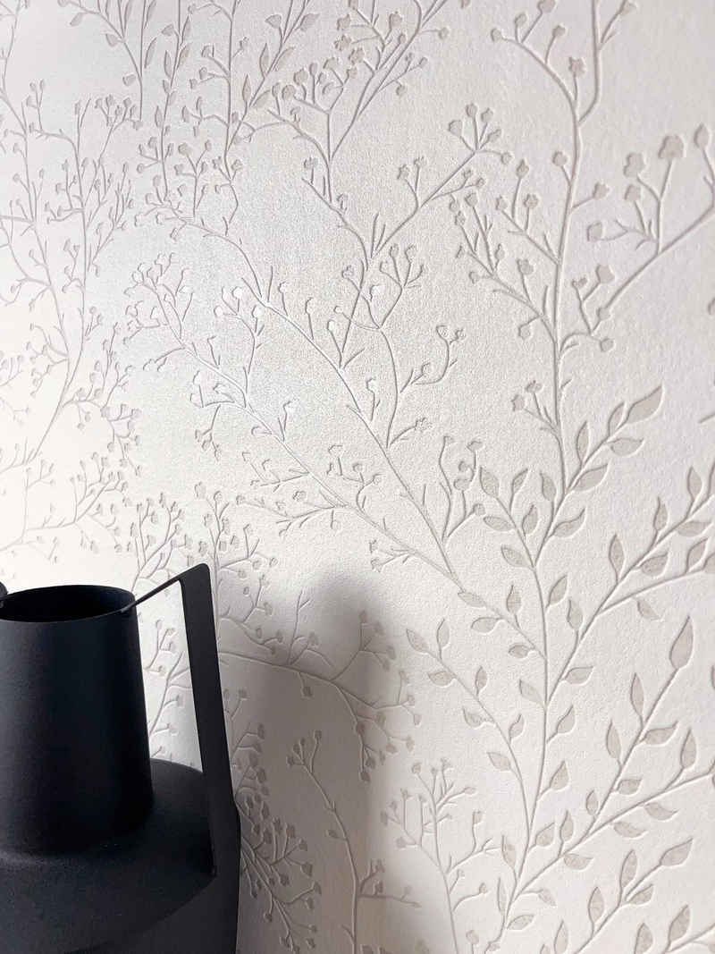 Newroom Vliestapete, Creme Tapete Floral Äste - Ästetapete Blumentapete Natur Weiß Romantisch 3D Optik Blätter Blumen für Schlafzimmer Wohnzimmer Küche