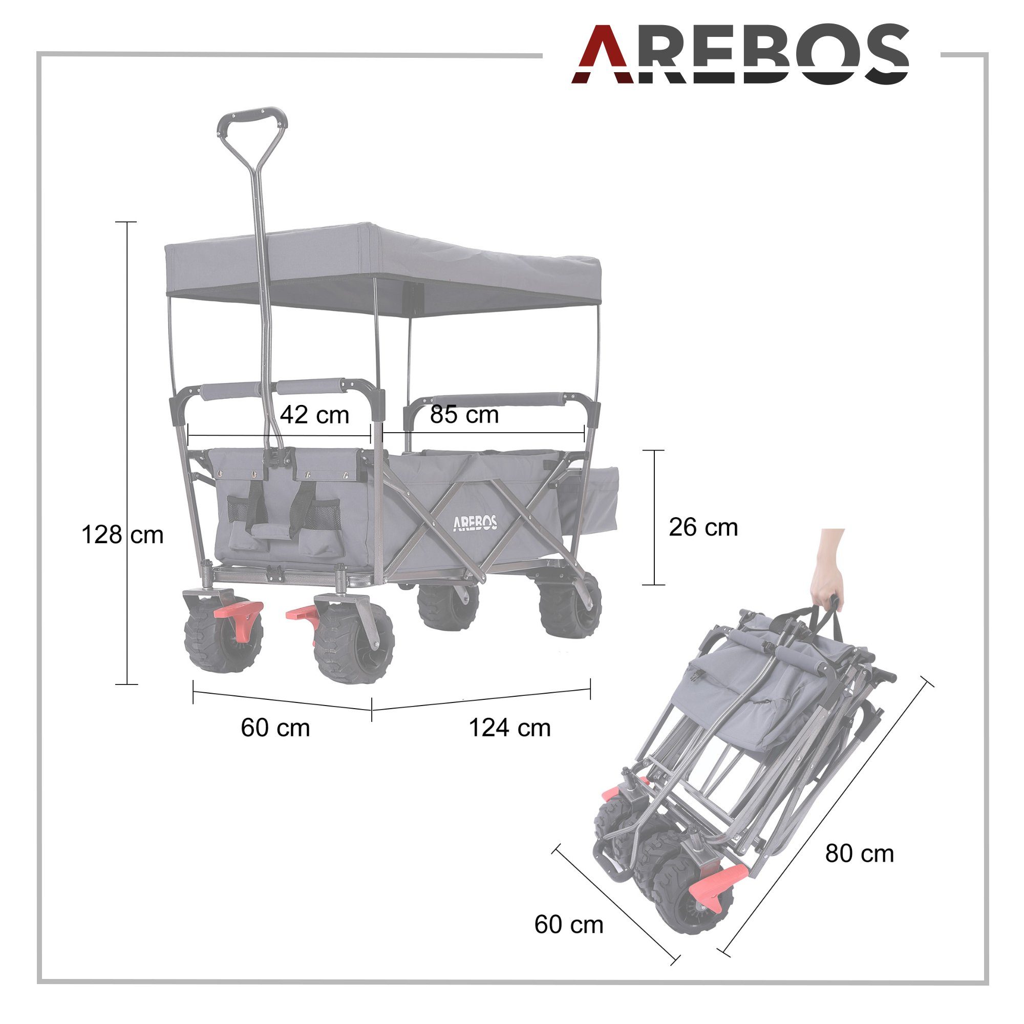 Arebos Bollerwagen Standard x mit 124 cm Transportkarre, x 128 60 Handwagen, Maße grau Dach, Gerätewagen