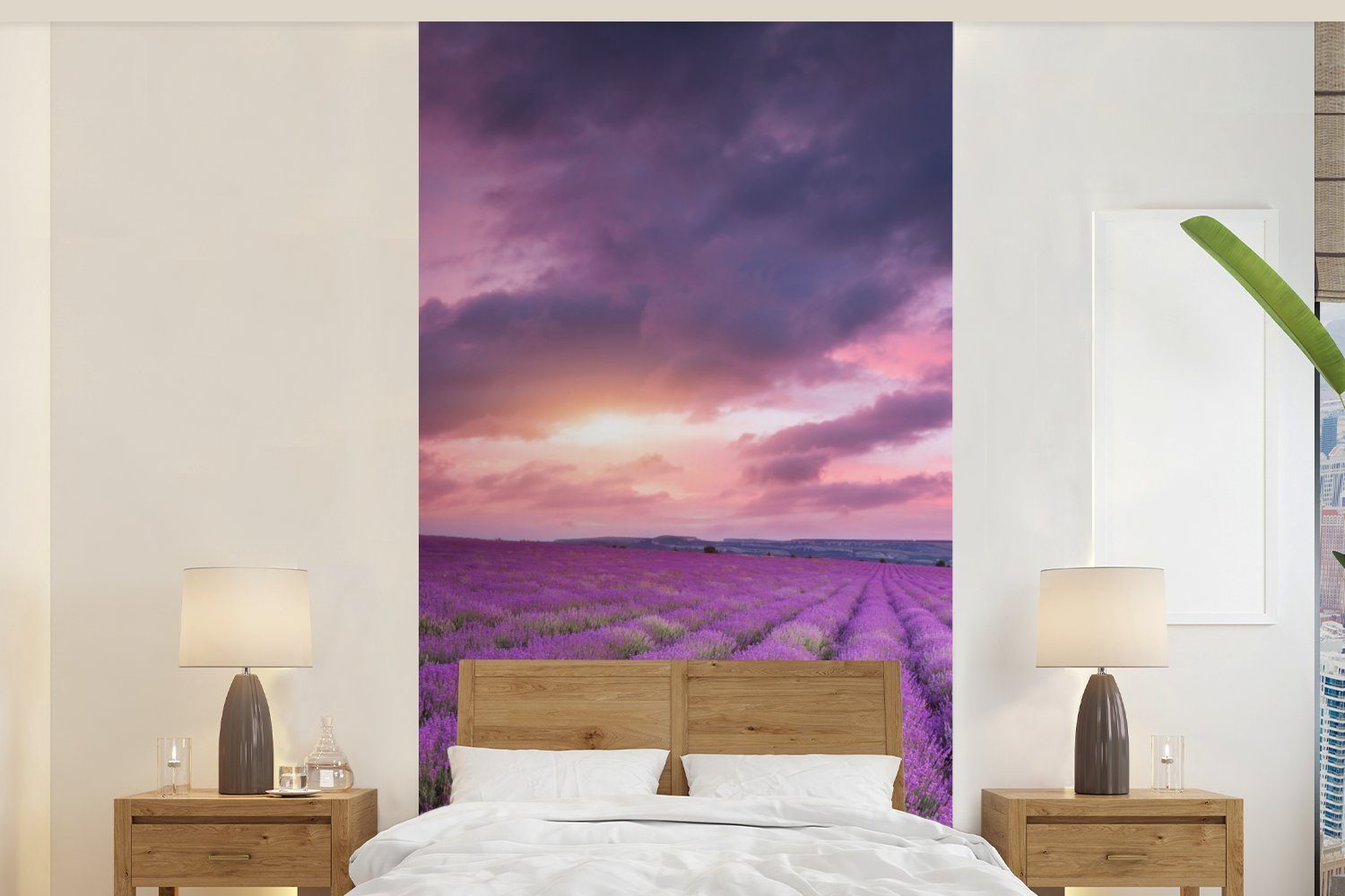MuchoWow Fototapete Lavendel - Lila - Wolken - Blumen, Matt, bedruckt, (2 St), Vliestapete für Wohnzimmer Schlafzimmer Küche, Fototapete