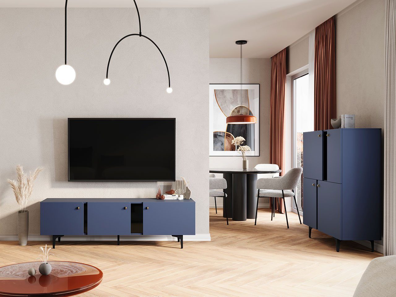 MIRJAN24 Wohnzimmer-Set Colours Füße TV-Lowboard), III, Griffe Türkommode, Metall Marineblau aus (Komplett-Set, und