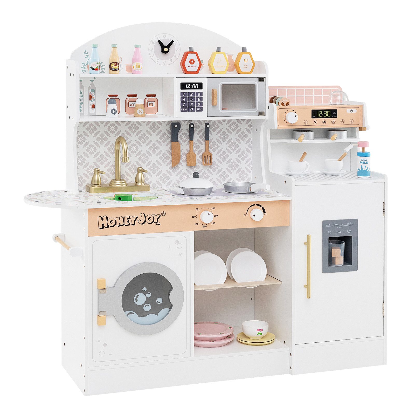 COSTWAY Spielküche Holz, Kinderküche mit Mikrowelle, Spüle, Holz