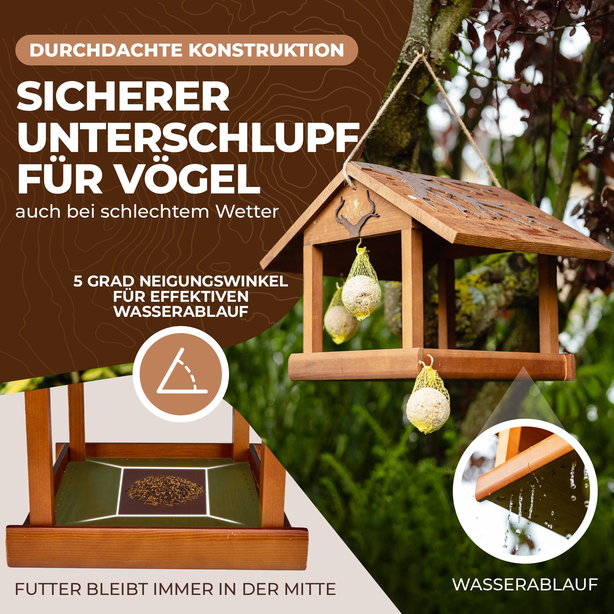BIRDSOUL Vogelhaus Forest, Wasserableitendes Design und mit hochwertiger, handwerklicher Optik.