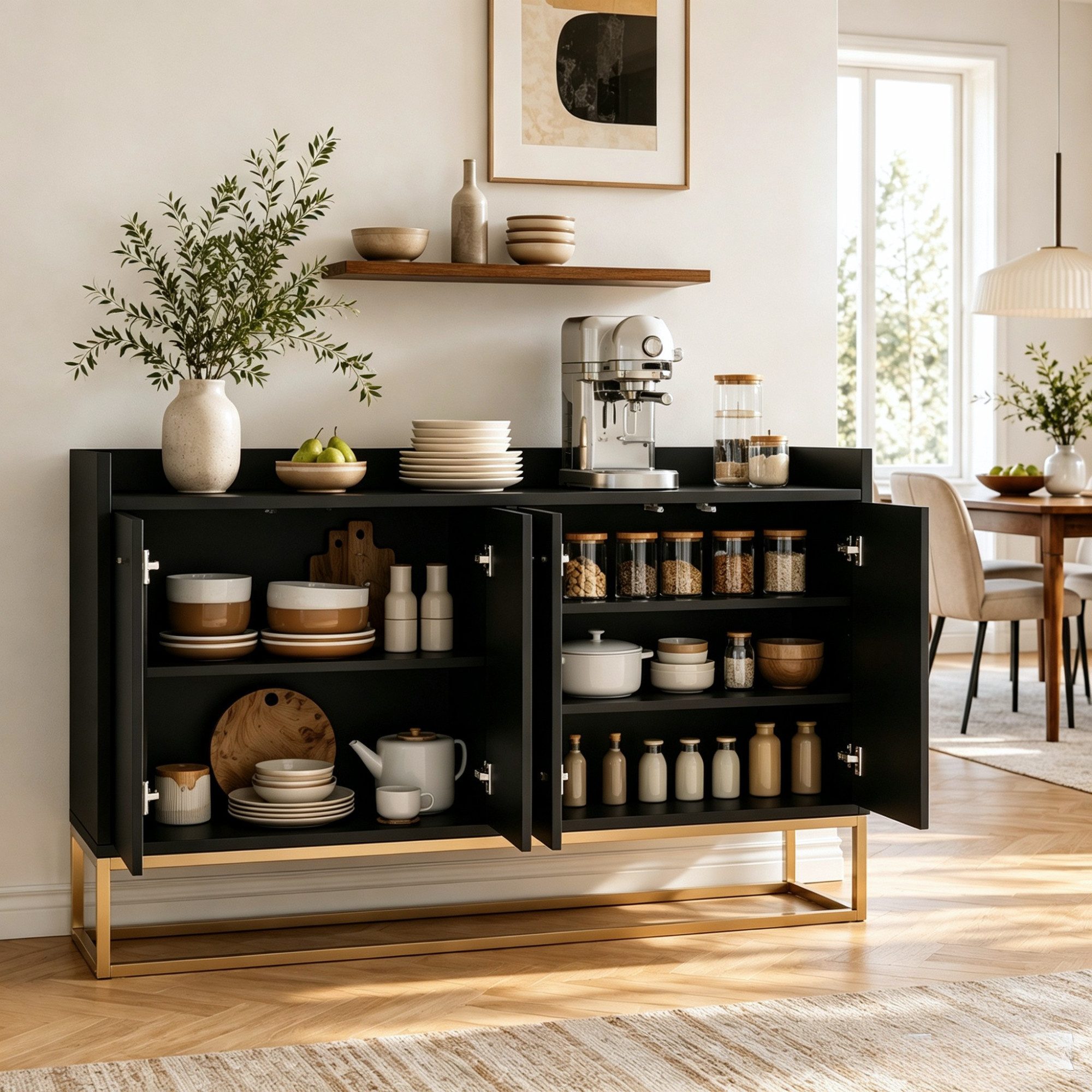 Simurq Sideboard Kommode Schrank mit 4 Türen, Push-to-Open, Breite 120 cm (Packung, 1 St., grifflos), Anrichte aus Holz mit höhenverstellbare Einlegeböden und Metallbeinen