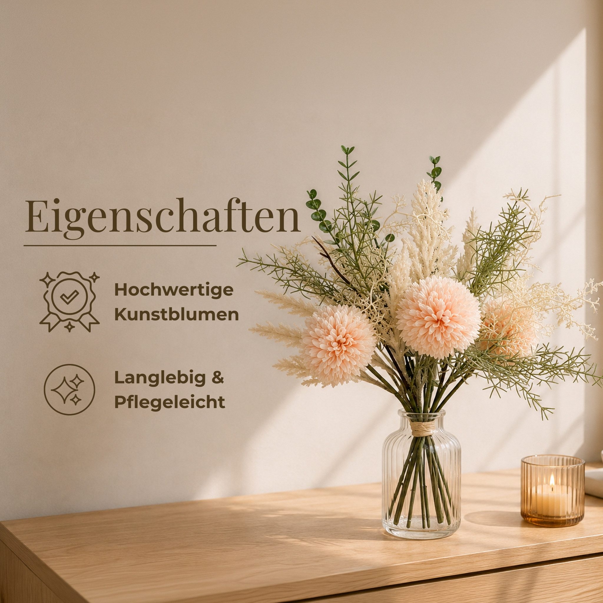 Kunstblume Kunstblumen-Strauß apricot mit Dahlien Eukalyptus wie echt Wiesenblumen, matches21 HOME & HOBBY, Höhe 37 cm, Großer Blumen-Strauß für Vasen als realistische Blumen-Deko