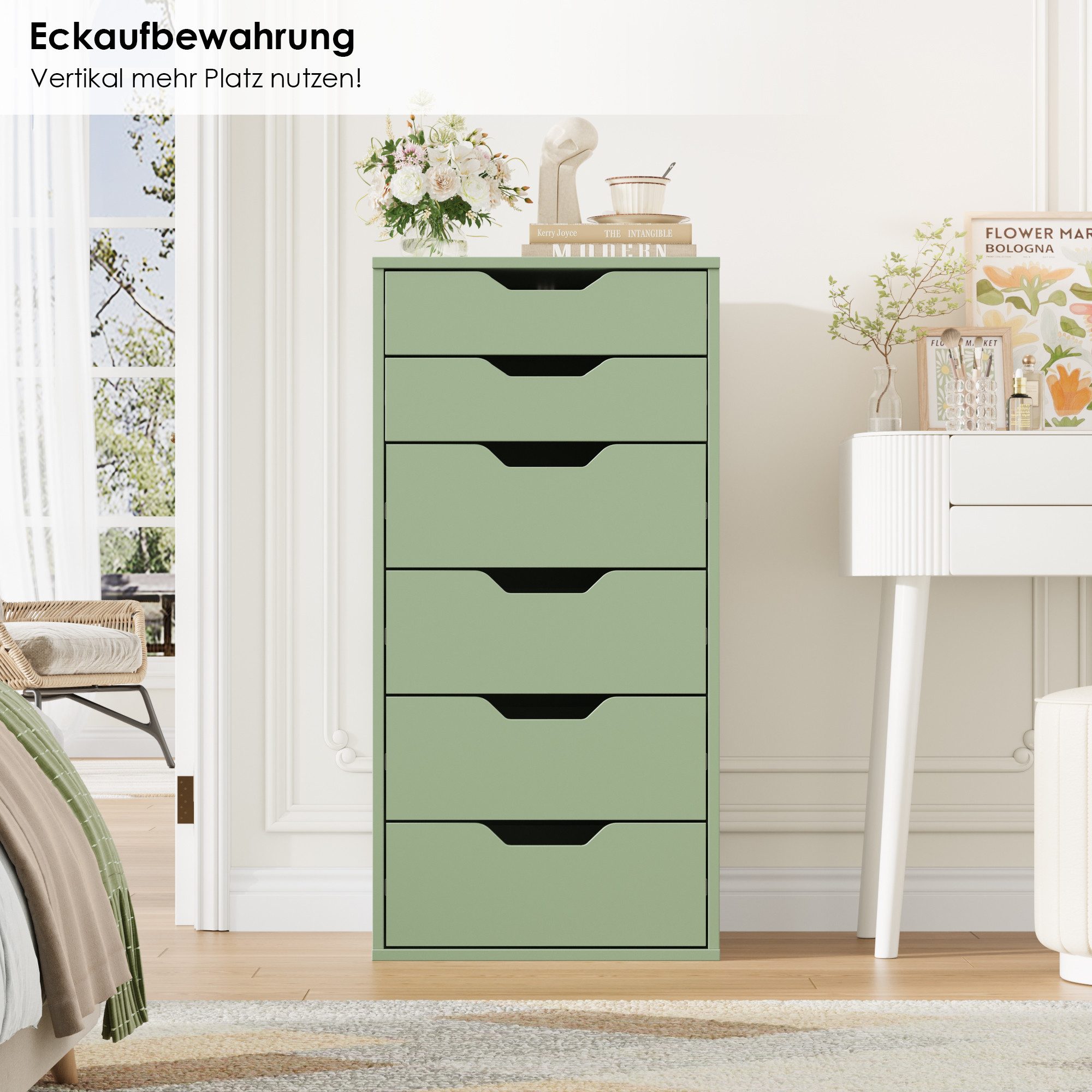 Homfa Kommode Schubladenschrank, Schubladenkommode, Aktenschrank, mit 6 Schubladen, 45x40x90,5 cm, Grün – Bild 5 von 5