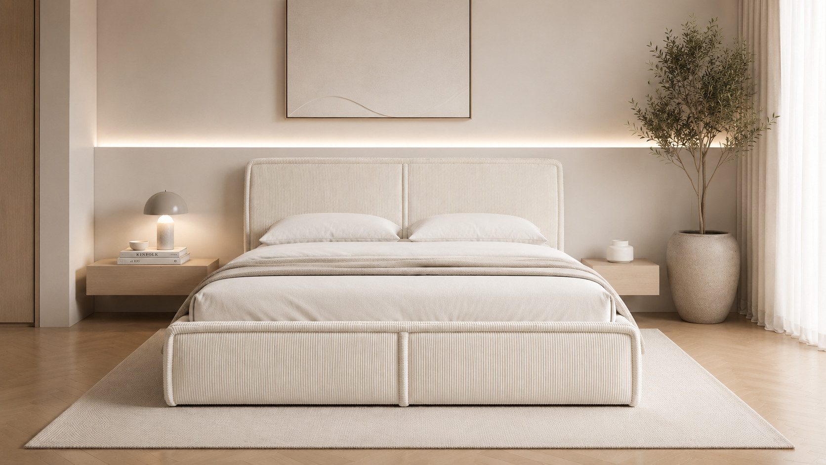 MOEBLO Polsterbett BETT 04 (Bezug: aus Cord, Doppelbett mit Kopfstütze, Rahmenbettgestell 140x200, mit Bettkasten und Lattenrost), mit Bettkasten
