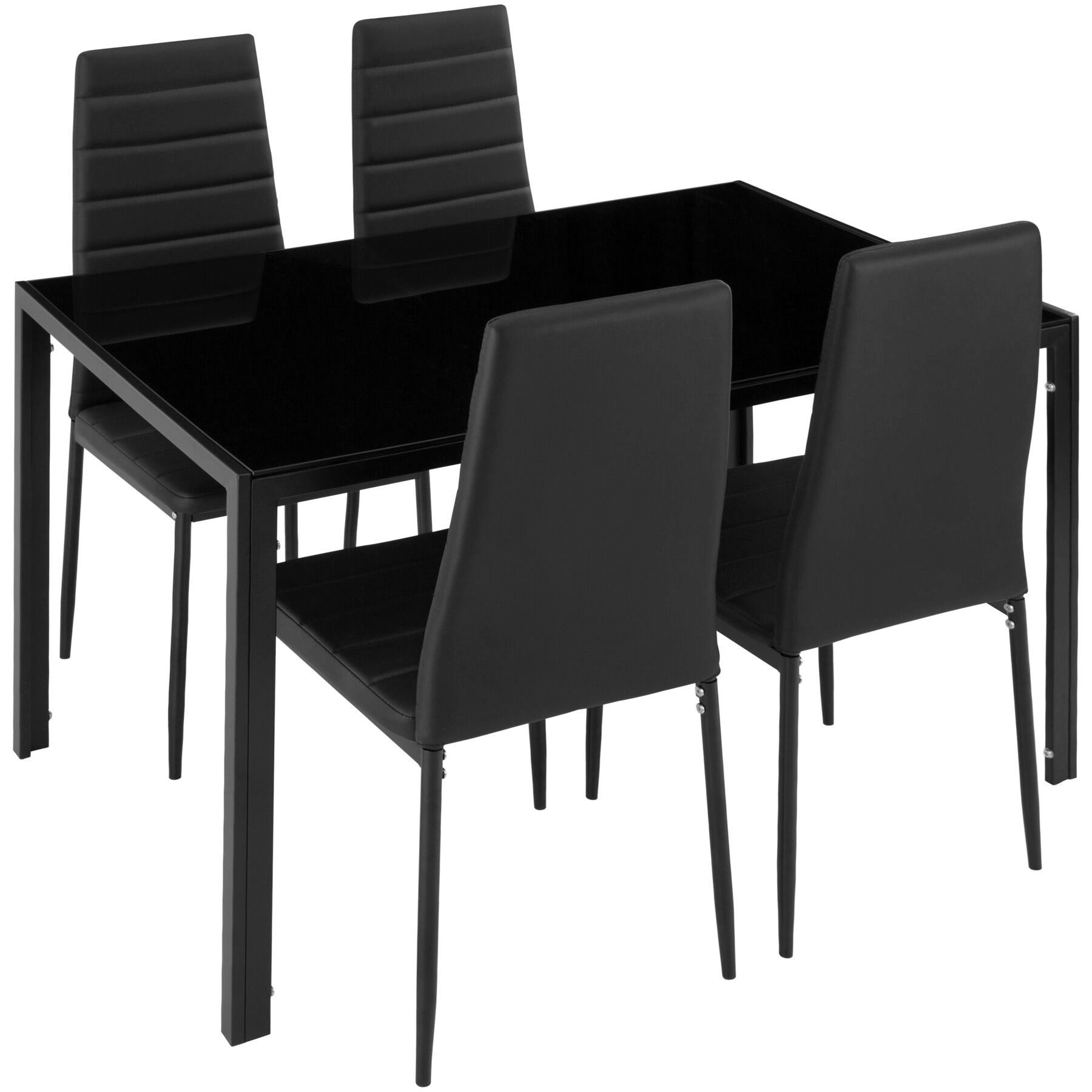 tectake Sitzgruppe Essgruppe Berlin - Kunstlederstühle mit Glastisch, (Esszimmer Möbel Berlin, 5-tlg., in schwarz), Geringes Gewicht, Tisch belastbar bis 60 kg