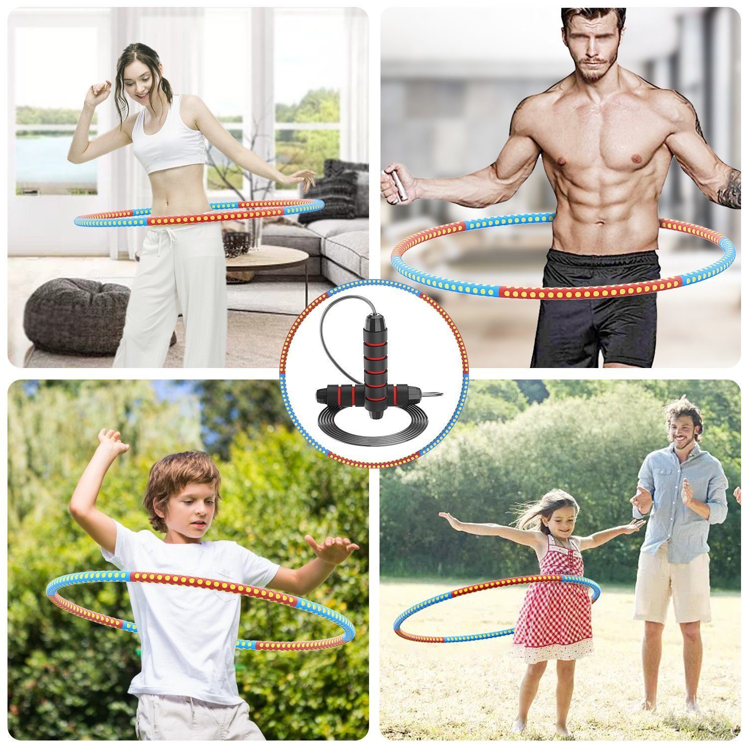 Ø90cm Fitness Rot-blau Bauchtrainer (Inklusive zur Schweißtuch), Ø90cm, Massage für Springseil Reifen, Erwachsene und abnehmbar, 6-teilig Daskoo steckbarer Hula Hula-Hoop-Reifen Hoop und Gewichtsreduktion