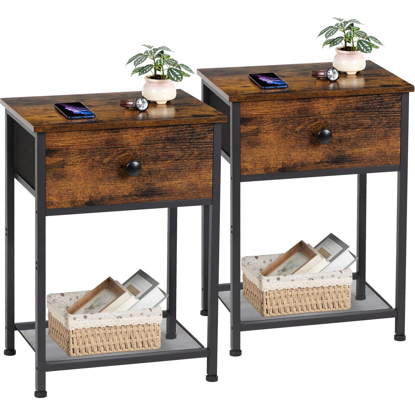 AMHANCIBLE Nachttisch 2er-Set im Industriestil, mit Schublade und offenem Ablagefach (2-St), Beistelltisch mit stabilem Metallrahmen, Maße 40×30×55 cm