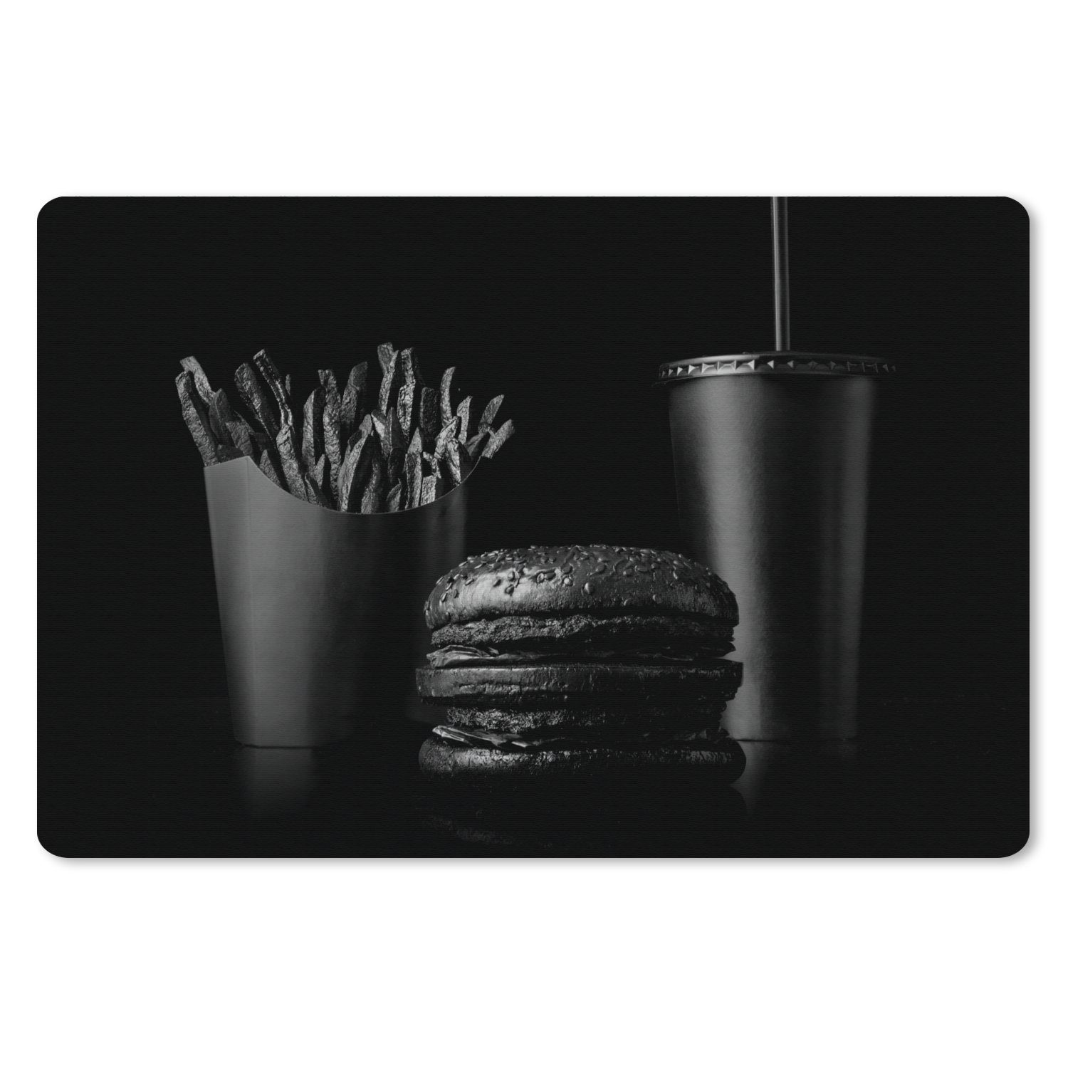 MuchoWow Mauspad Fastfood-Mahlzeit mit Burger und Pommes frites in Schwarz-Weiß (1-St), Mousepad XXL für Tastatur und Maus, Gaming Setup, Desk Mat, 120x80 cm