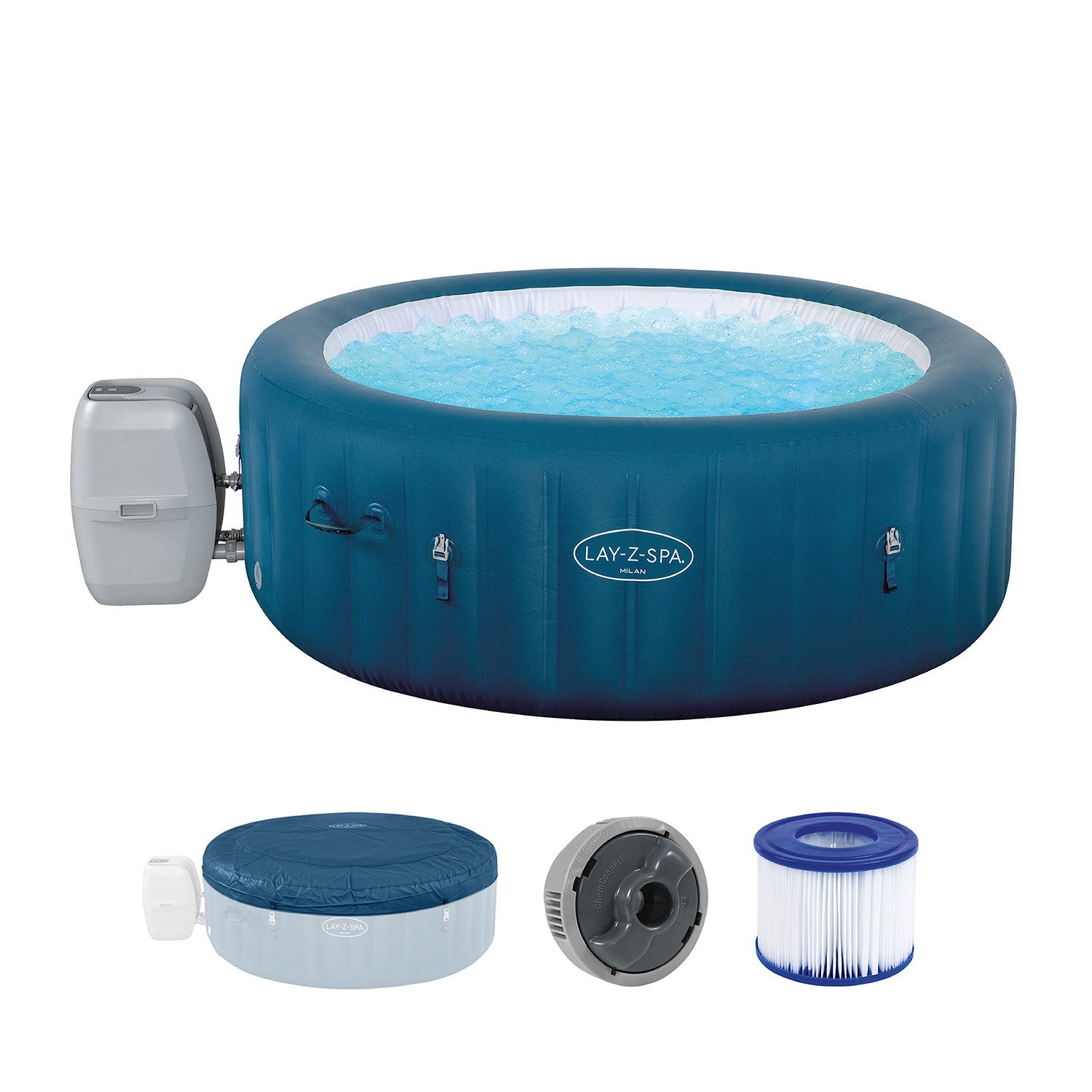 Bestway Whirlpool LAY-Z-SPA Milan AirJet Plus, (Packung, mit App-Steuerung, Ø 196 x 71 cm), 2 verschiedene Massageintensitäten