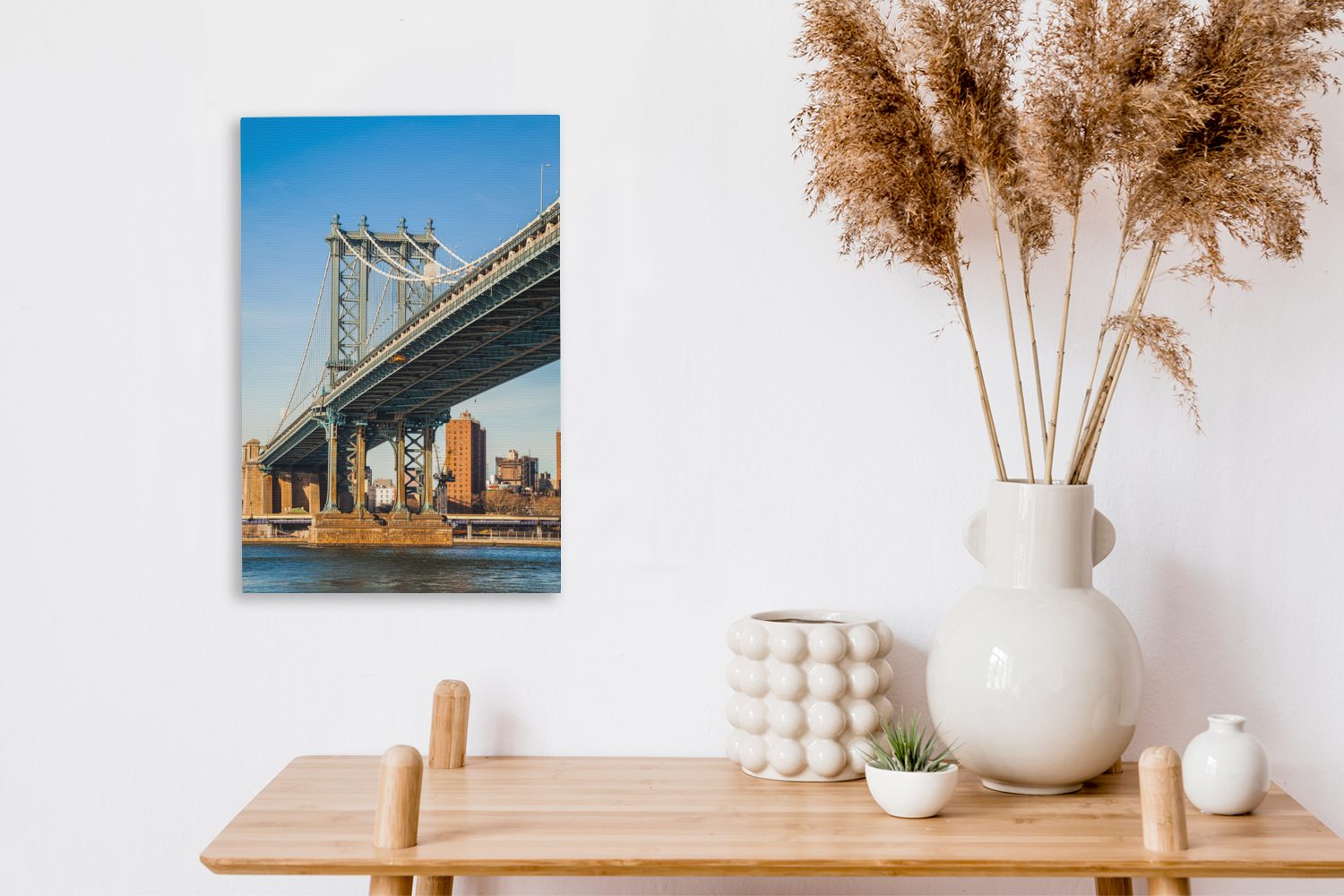 - bespannt Leinwandbild Manhattan Gemälde, (1 20x30 Brücke cm Wasser, OneMillionCanvasses® Leinwandbild inkl. fertig St), Zackenaufhänger, -