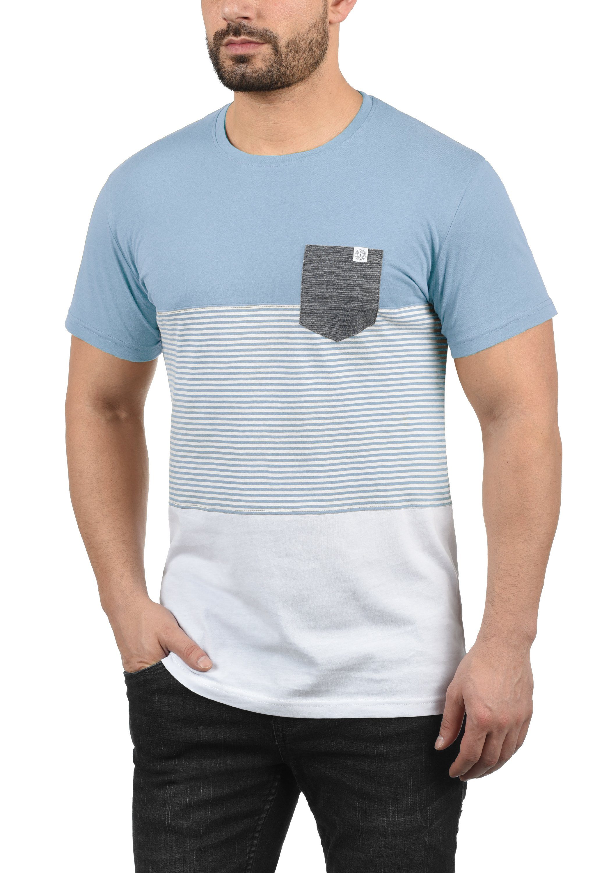 Blue !Solid Streifen mit Rundhalsshirt Sky Kurzarmshirt (1025) SDMalte und Brusttasche