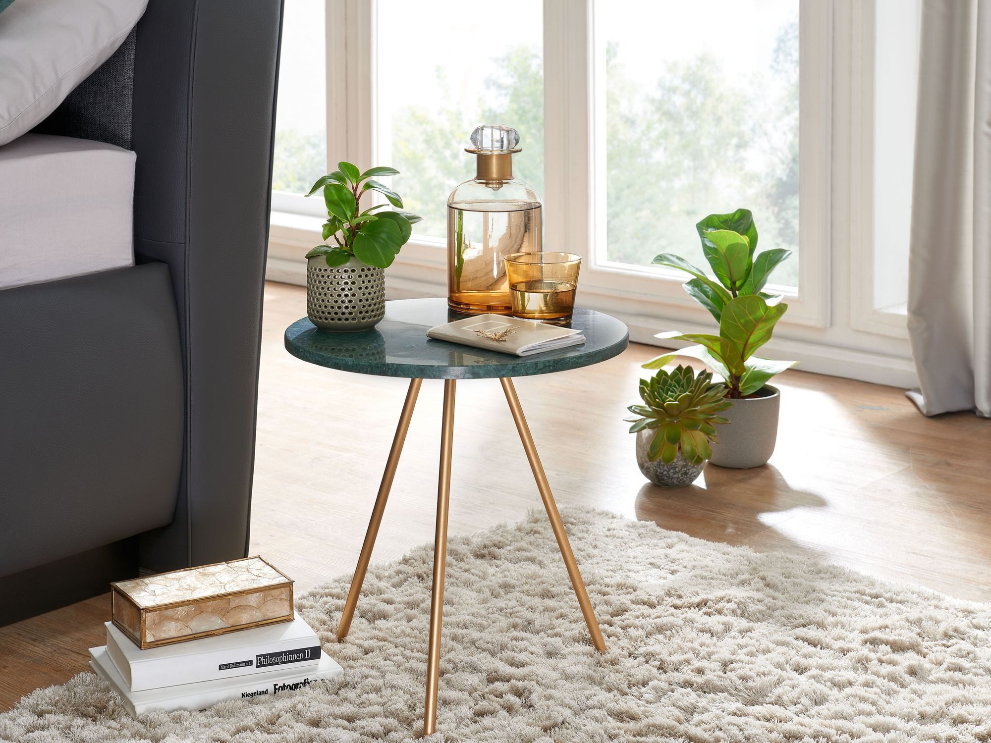 FINEBUY Beistelltisch FB75826 Sofatisch Echter Marmor Ø 38 cm Tisch Wohnzimmertisch (Echter Marmor Grün 38x38x44cm Anstelltisch Metall), Dreibein Sofatisch, Wohnzimmertisch Rund Modern
